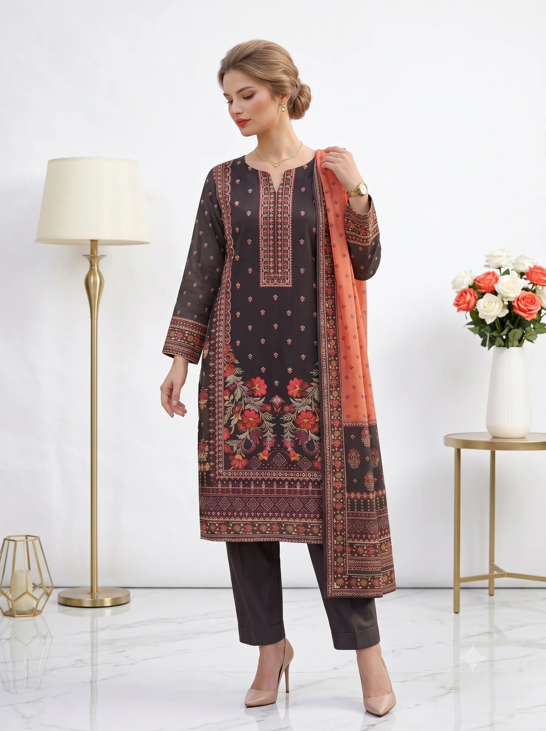 Woman wearing a dark floral embroidered outfit with a peach dupatta in a well-lit room.