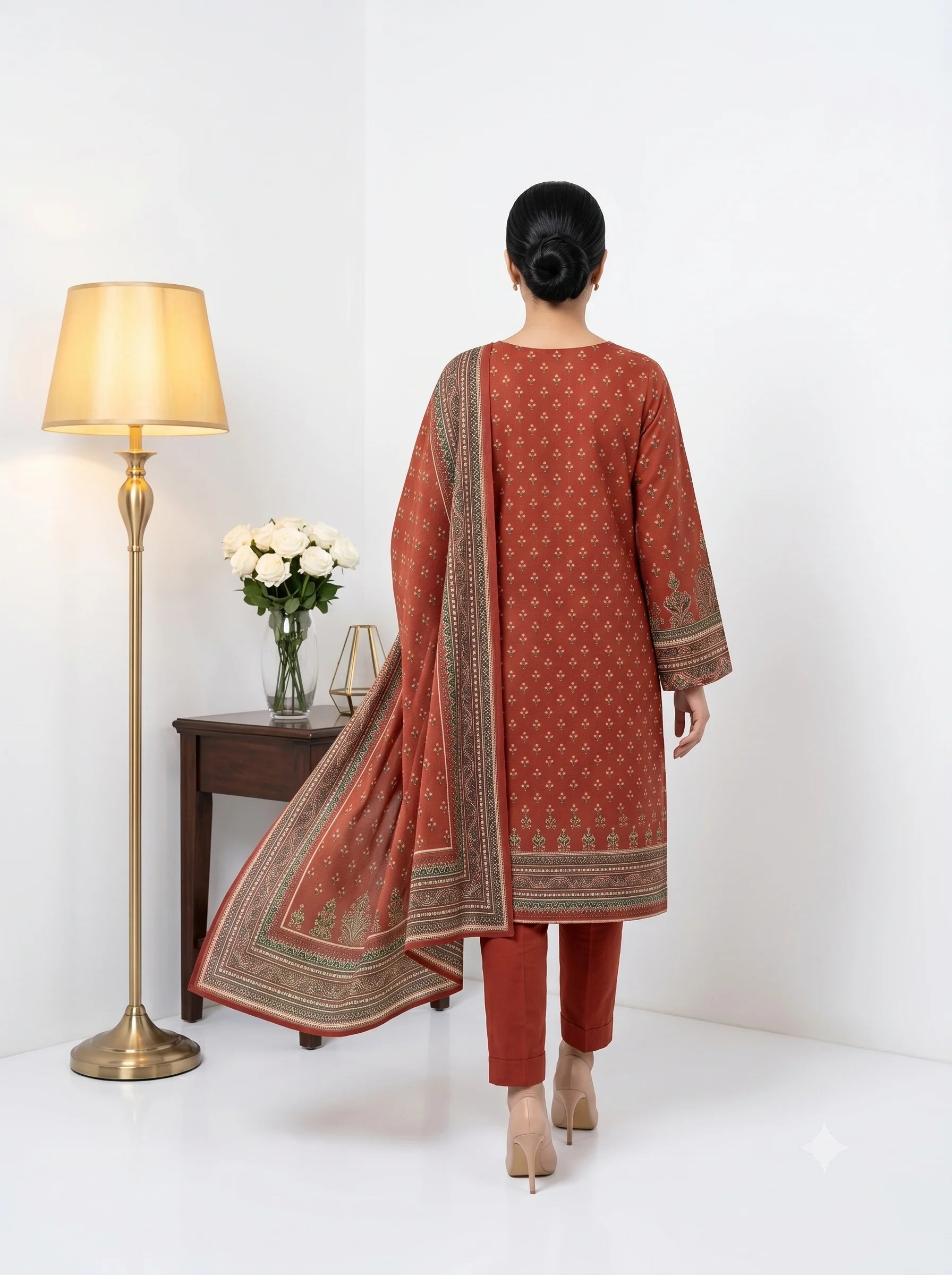 Ruby Red Printed Lawn — 3 Piece