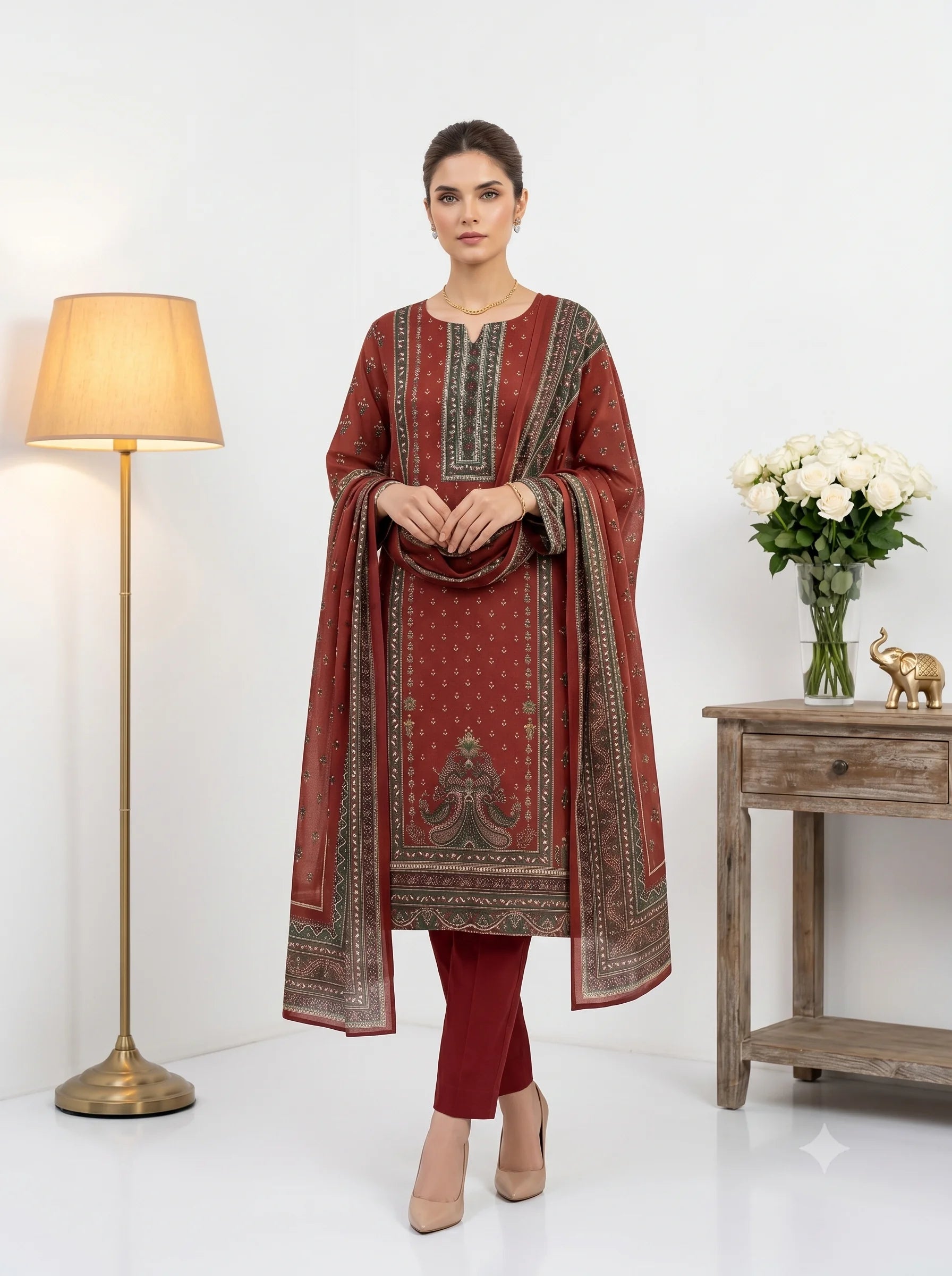 Ruby Red Printed Lawn — 3 Piece
