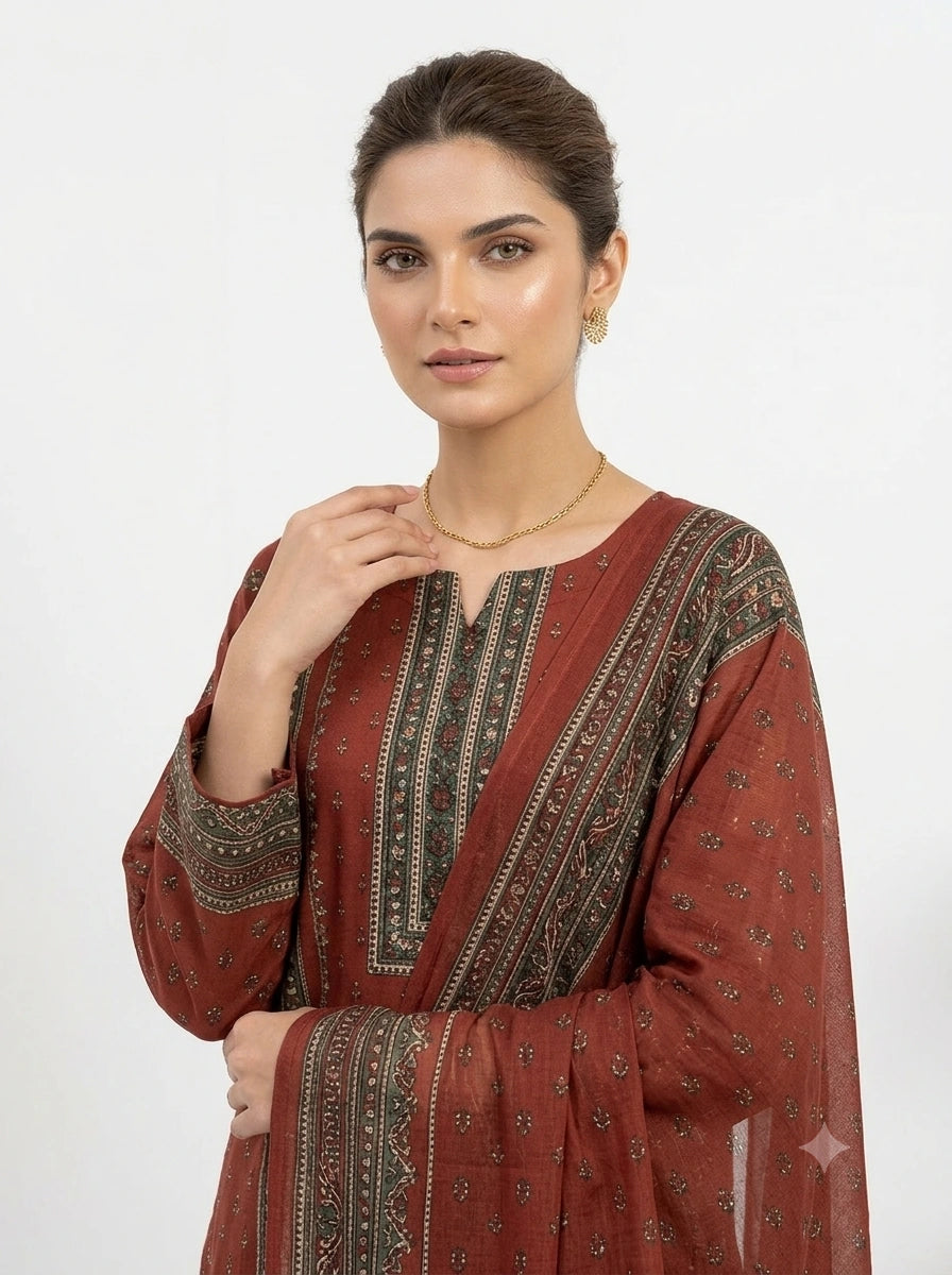 Ruby Red Printed Lawn — 3 Piece