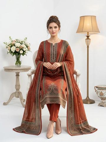 Ruby Red Printed Lawn — 3 Piece