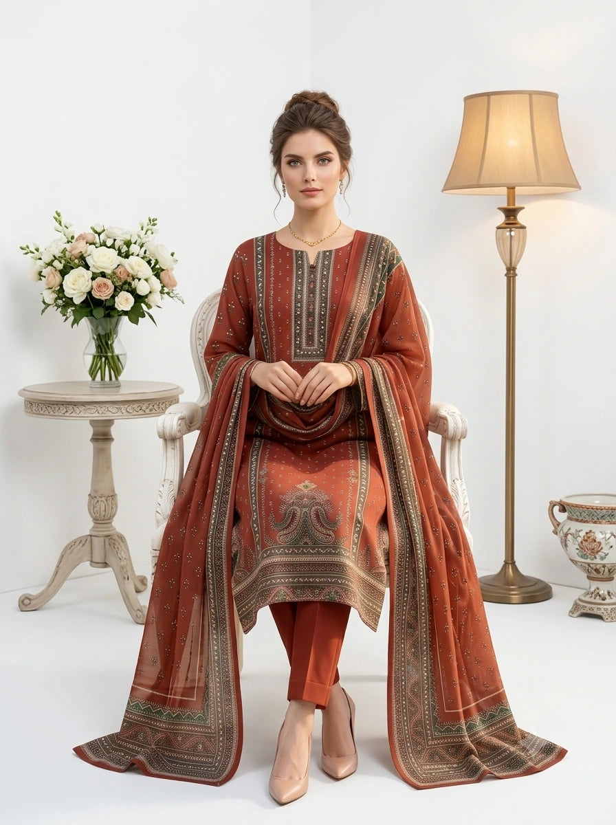 Ruby Red Printed Lawn — 3 Piece