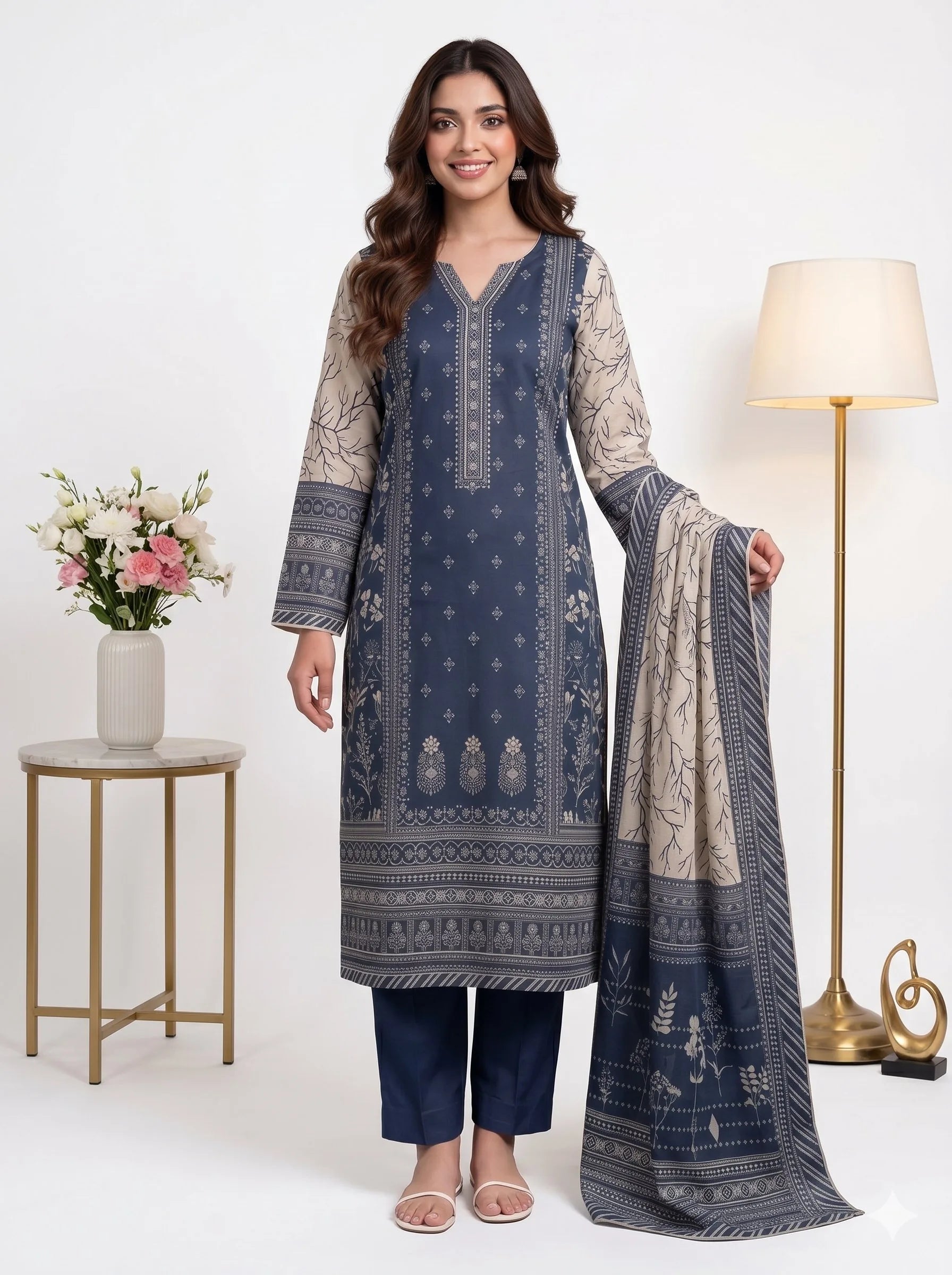 Woman wearing a blue and white embroidered outfit with a matching dupatta, standing against a white background.