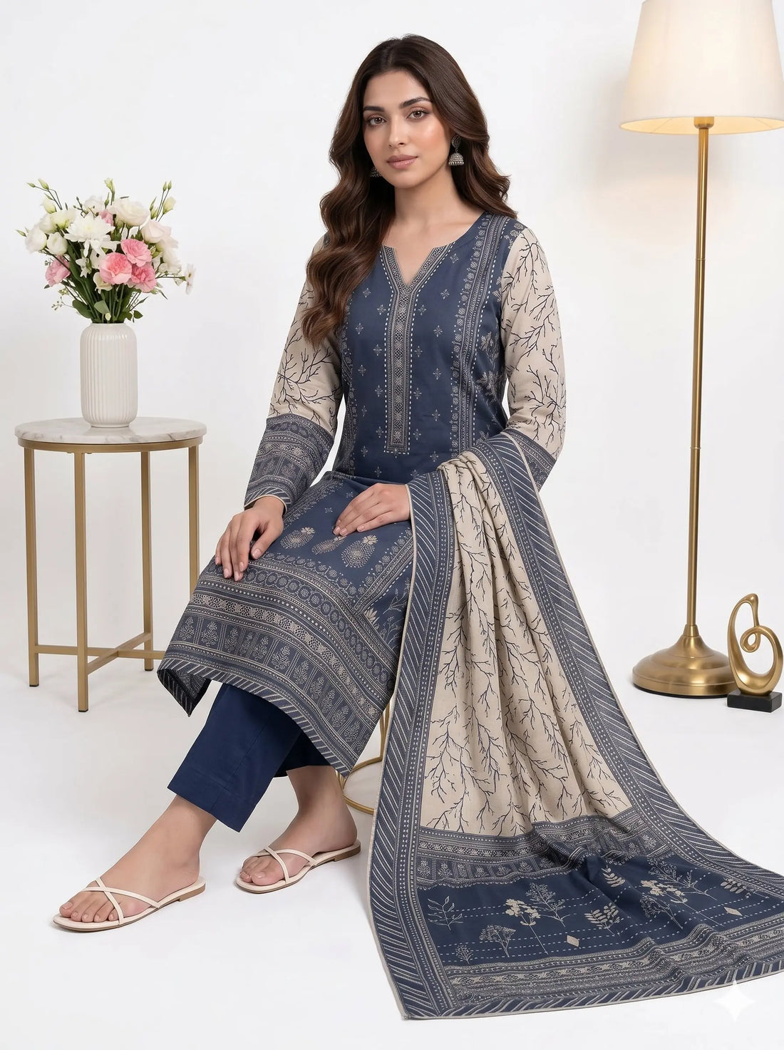 Woman wearing a blue and white embroidered outfit with a matching dupatta, standing against a white background.