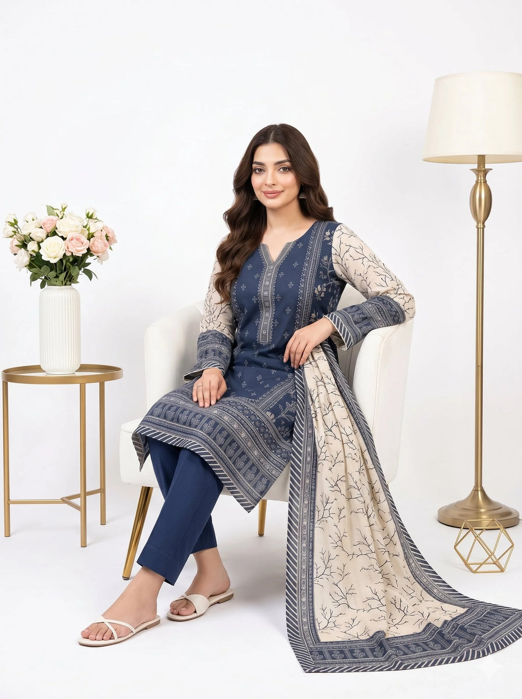 Woman in a blue and white traditional outfit with a matching dupatta, sitting in a well-lit room.