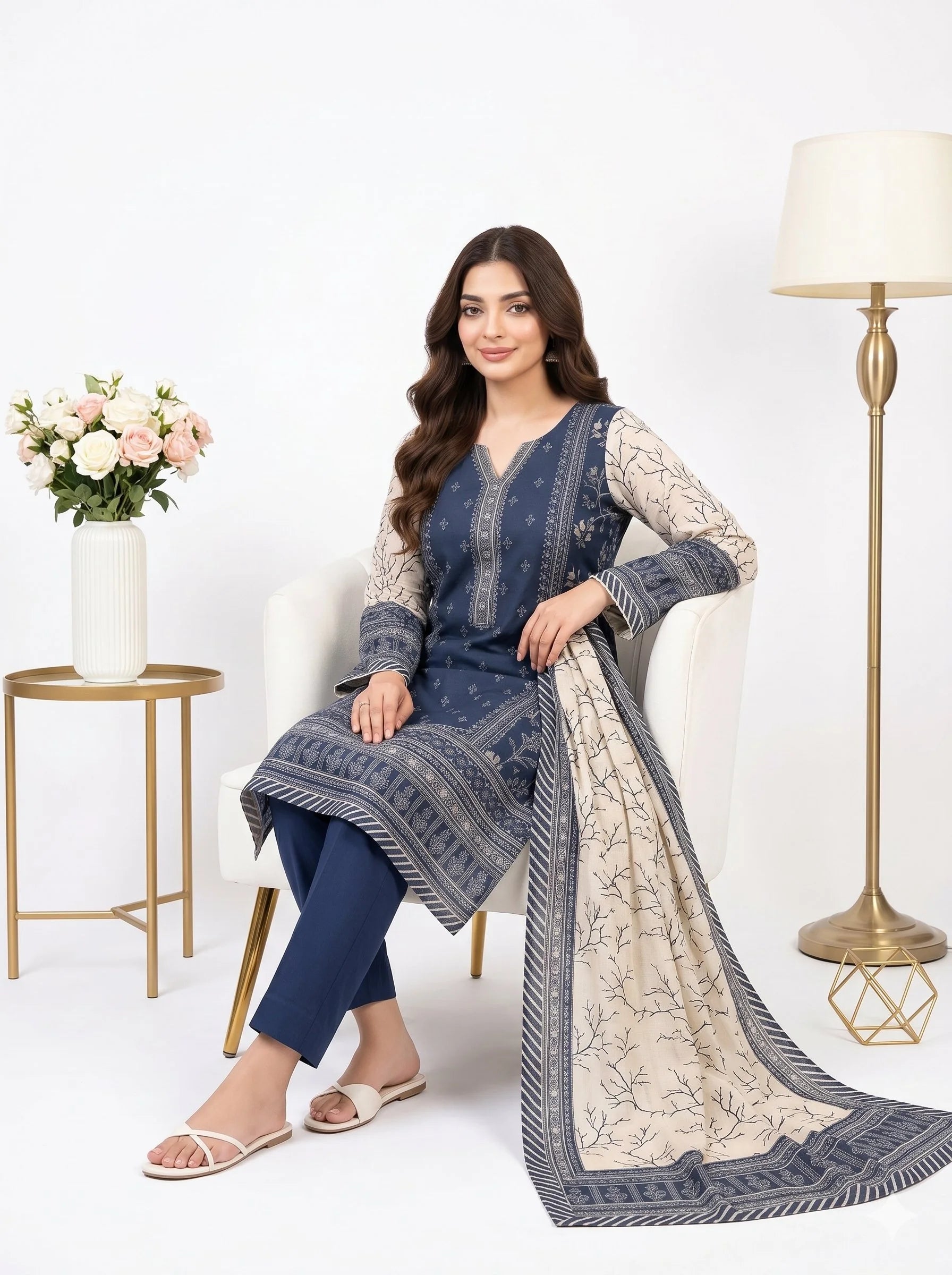 Woman in a blue and white traditional outfit with a matching dupatta, sitting in a well-lit room.