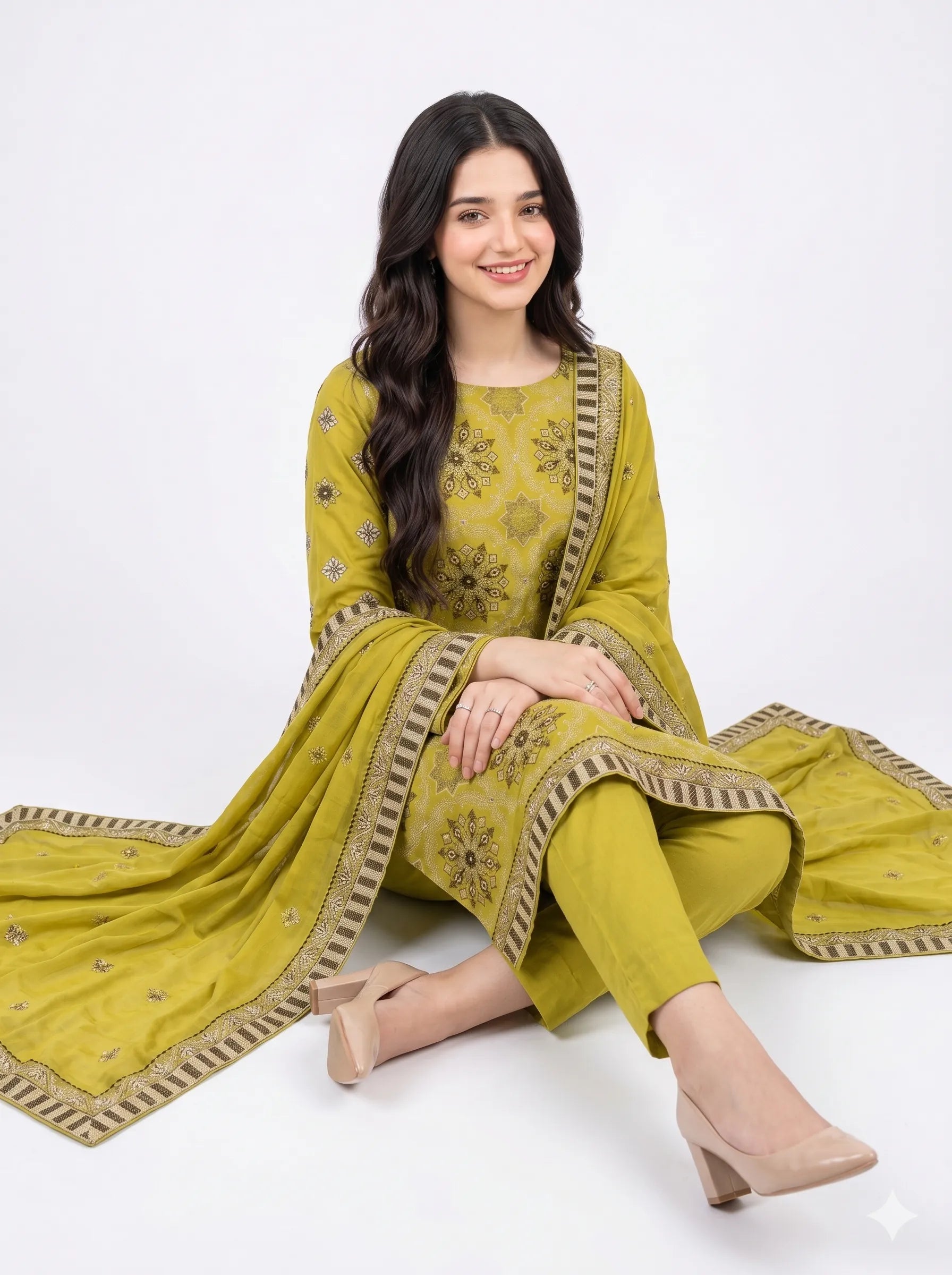 Chartreuse Yellow  Embroidered Lawn — 3 Piece