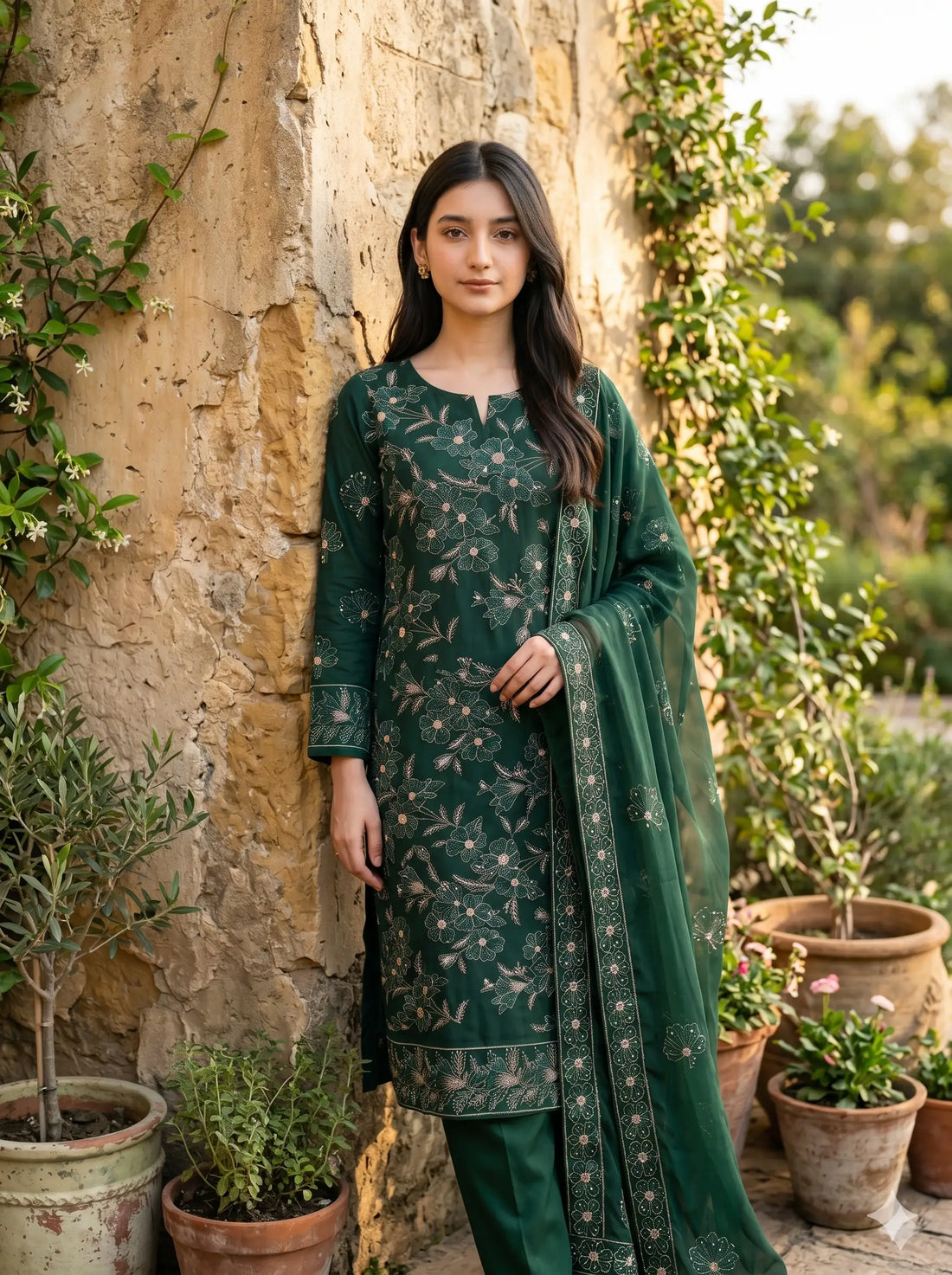 Woman in a green traditional outfit standing against a stone wall with plants.