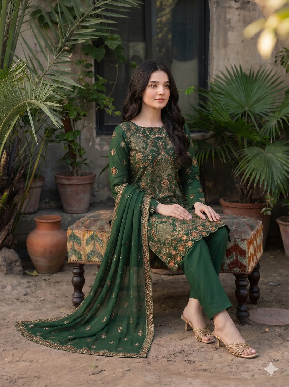 Woman in a green traditional outfit sitting on a patterned stool with plants in the background