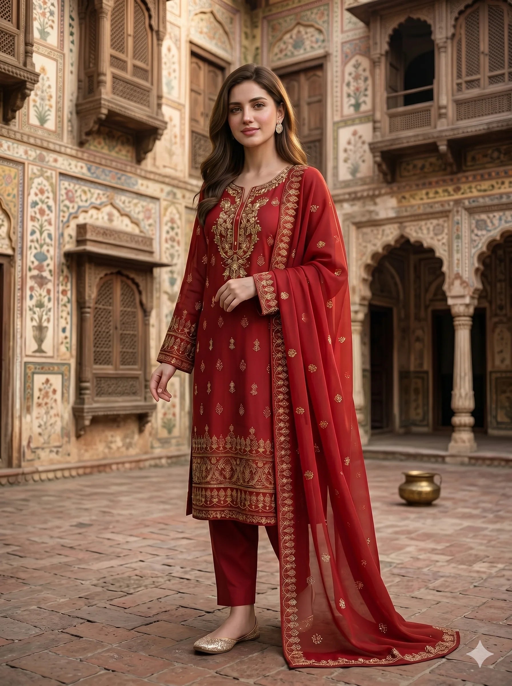 Red Gold Embroidered Lawn — 3 Piece