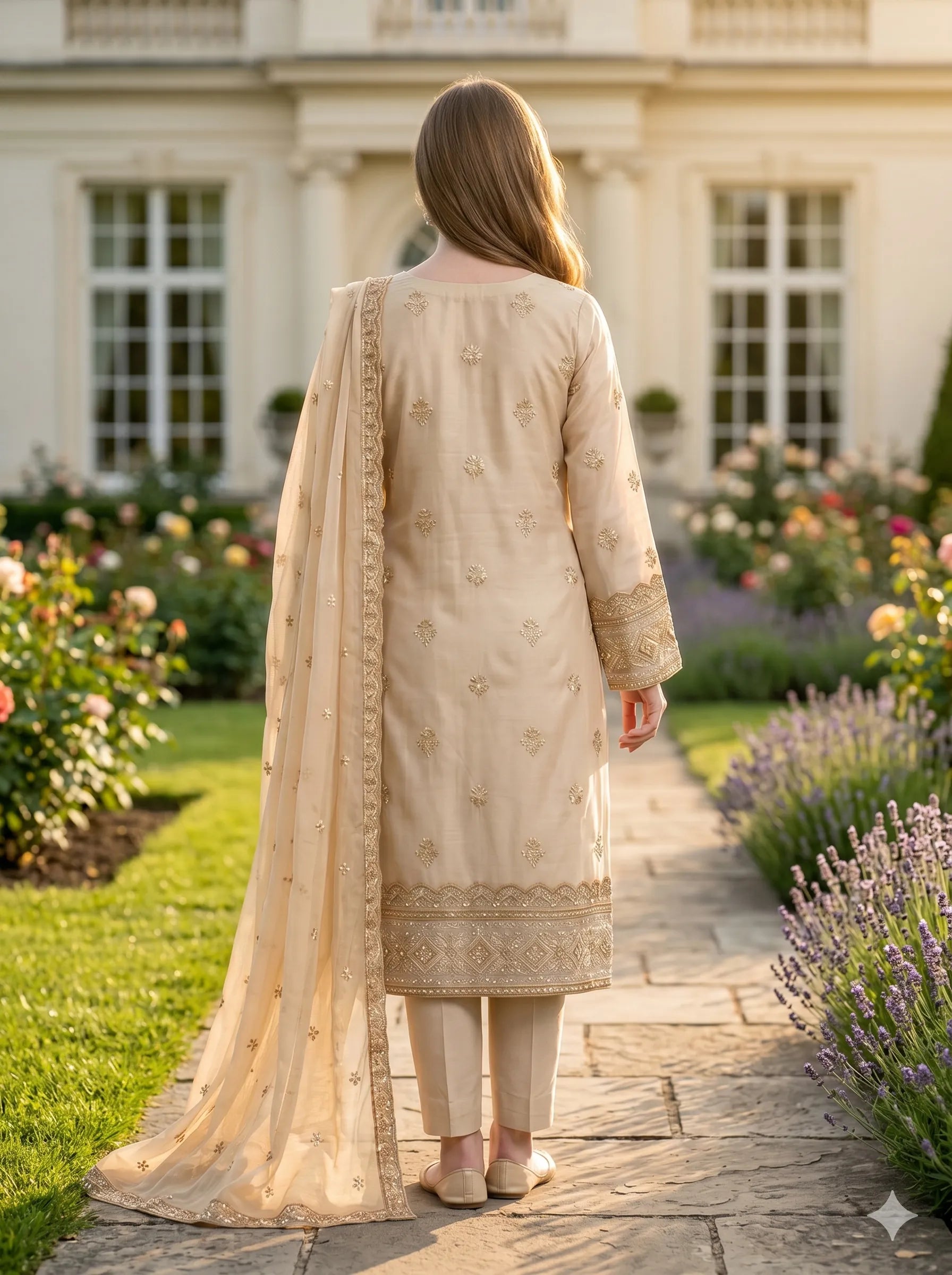 Woman in a beige traditional outfit walking through a garden with a classical building in the background