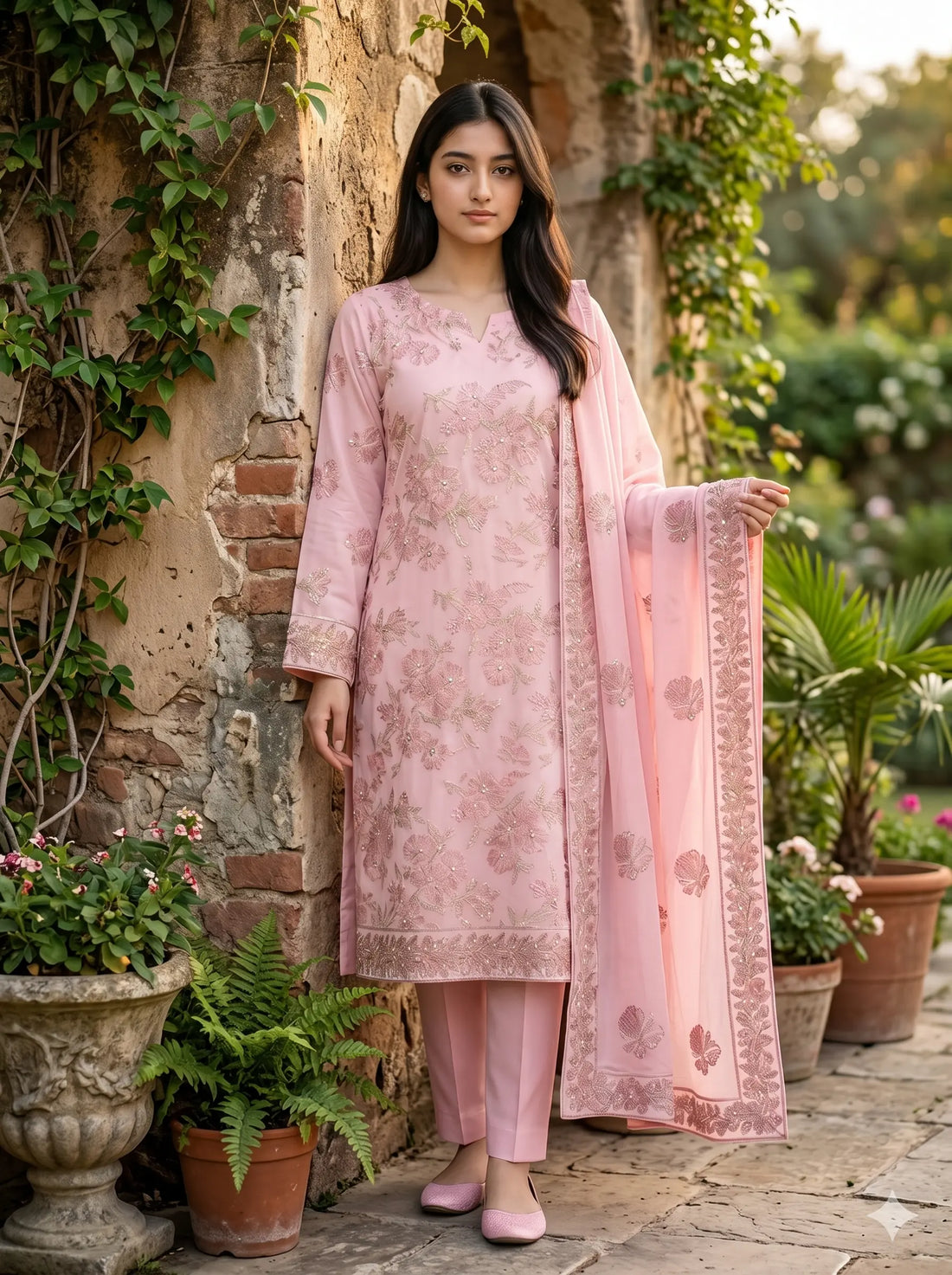 Woman in a pink traditional outfit standing outdoors with plants and a stone wall in the background