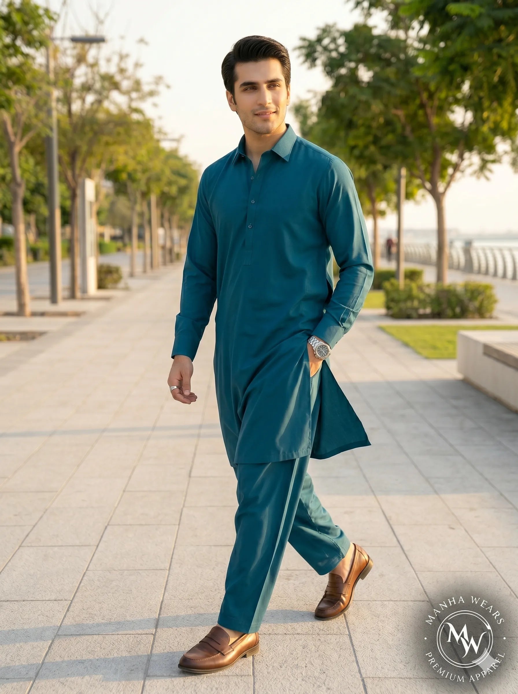 Deep Teal Ocean Wash & Wear— Premium Apparel | Unstitched
