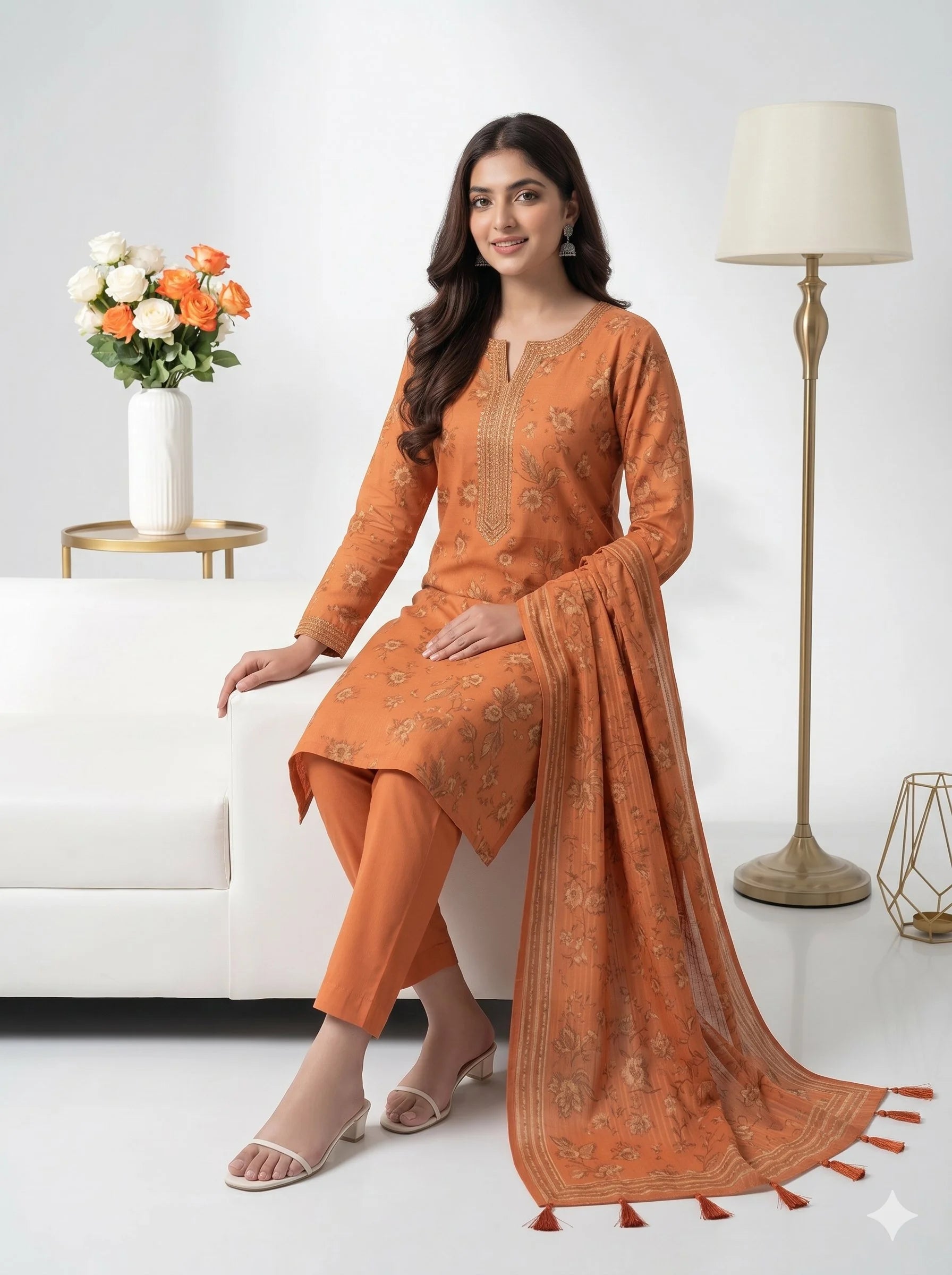 Woman in an orange traditional outfit sitting on a white couch with a lamp and flowers in the background.