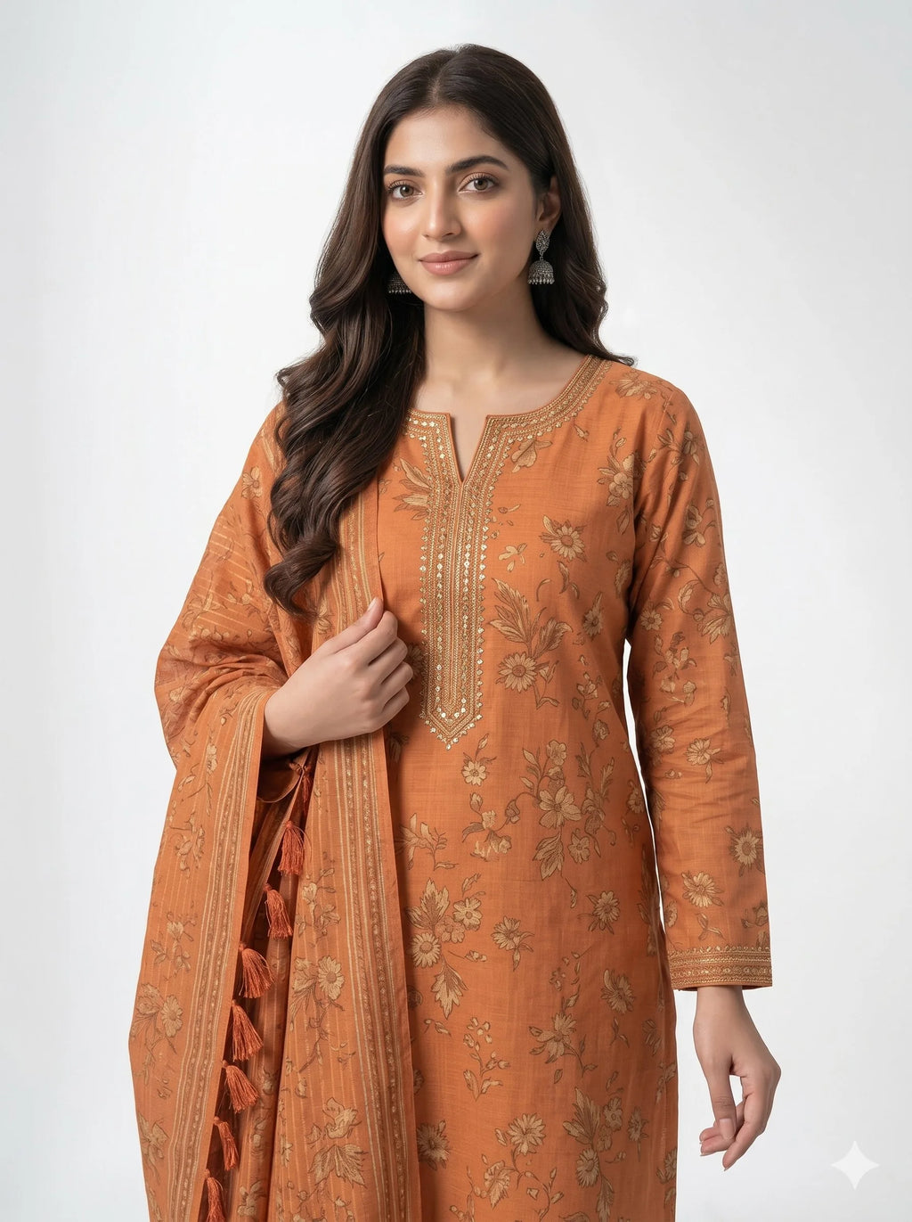 Woman wearing an orange embroidered traditional outfit with a white background