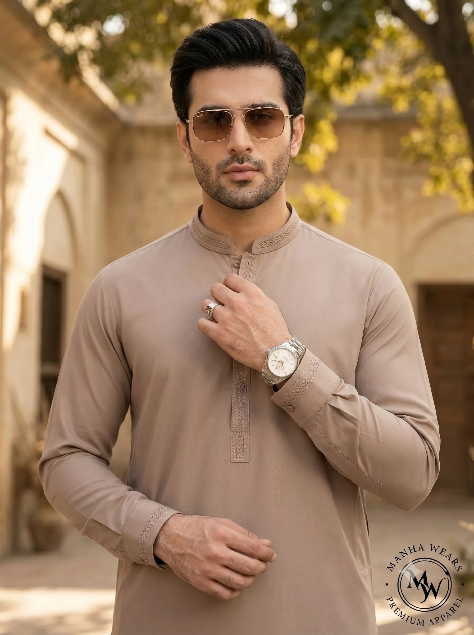 Linen beige wash and wear fabric for men by Manha Wears