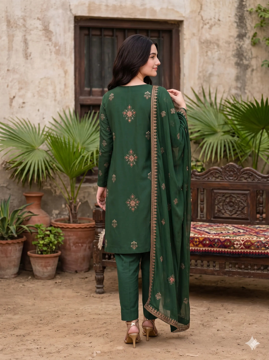 Woman in a green traditional outfit sitting on a patterned stool with plants in the background