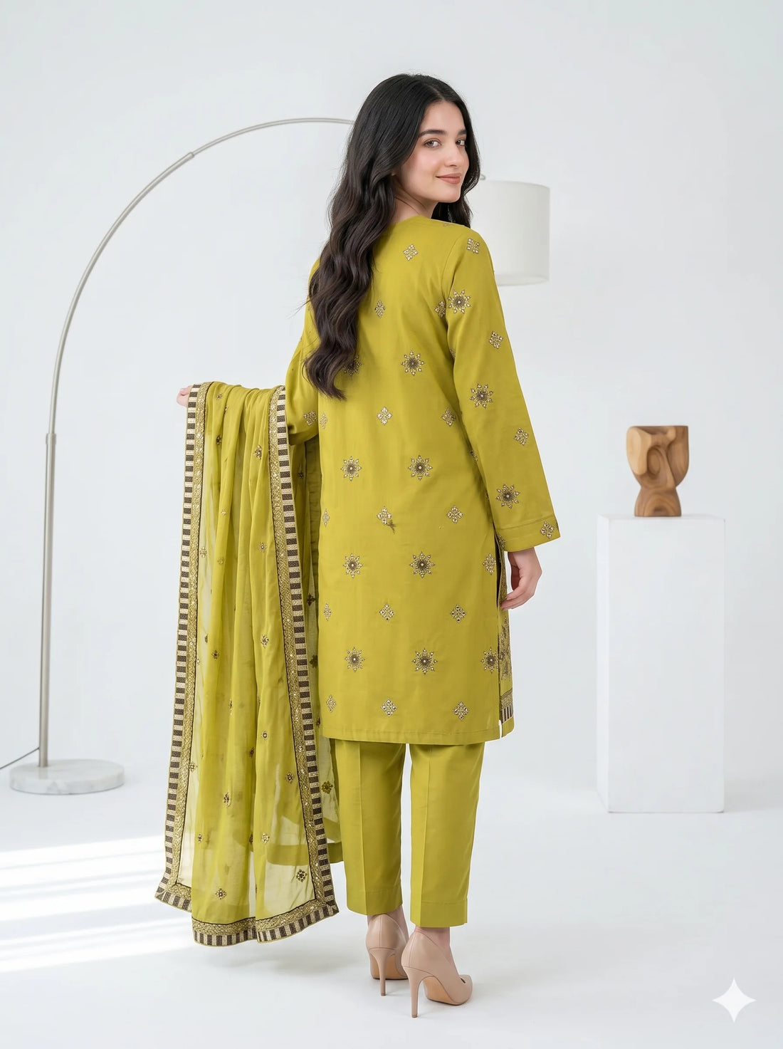 Chartreuse Yellow  Embroidered Lawn — 3 Piece