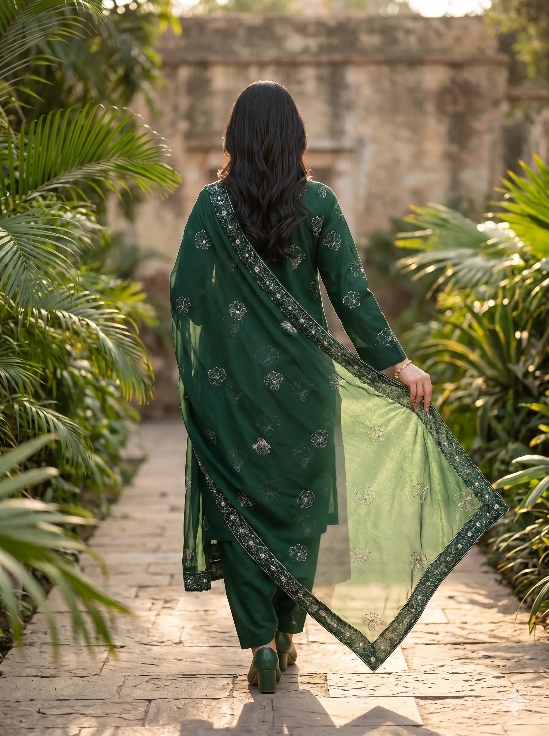 Woman in a green traditional outfit walking through a garden with palm trees.