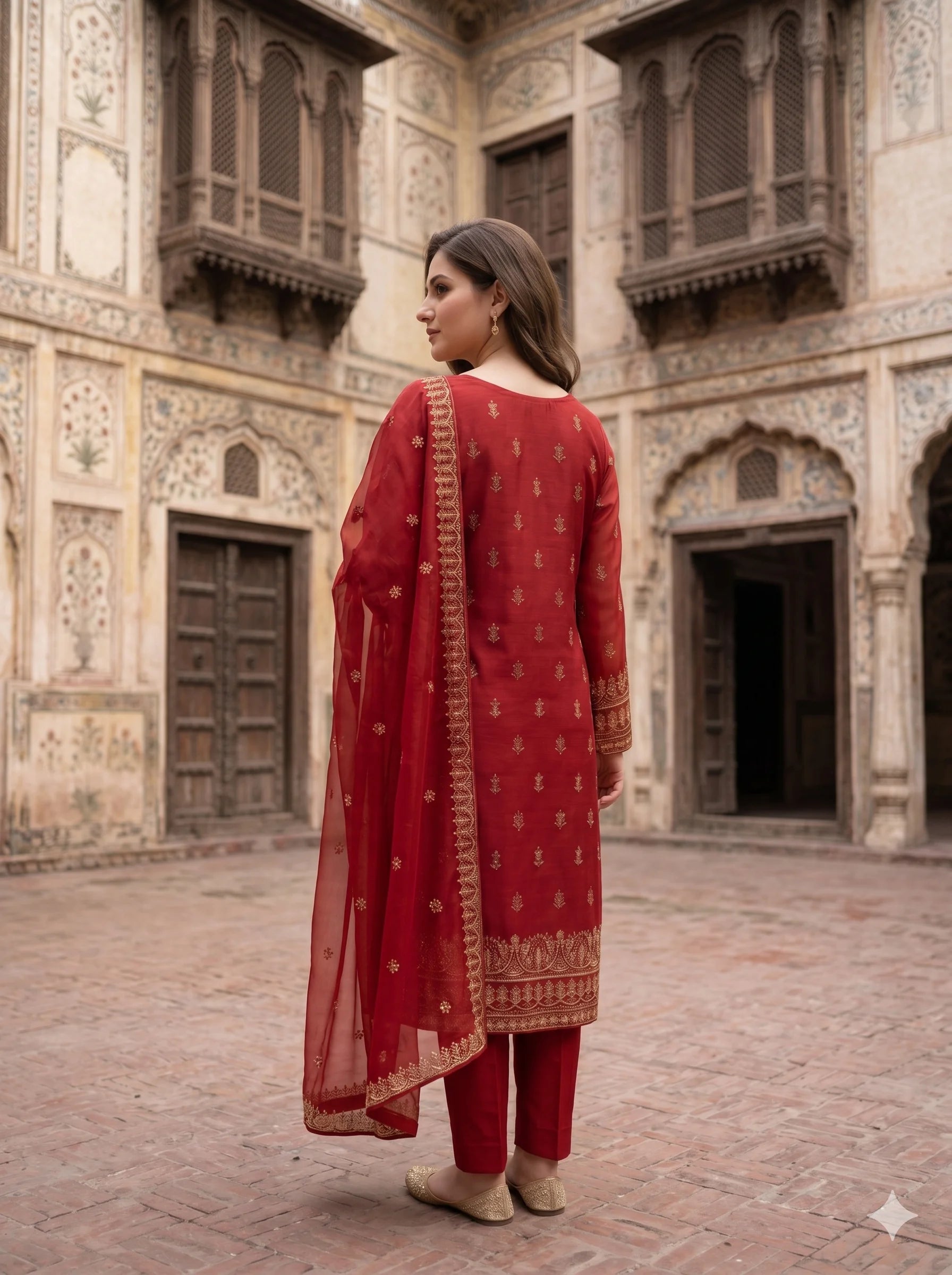 Red Gold Embroidered Lawn — 3 Piece