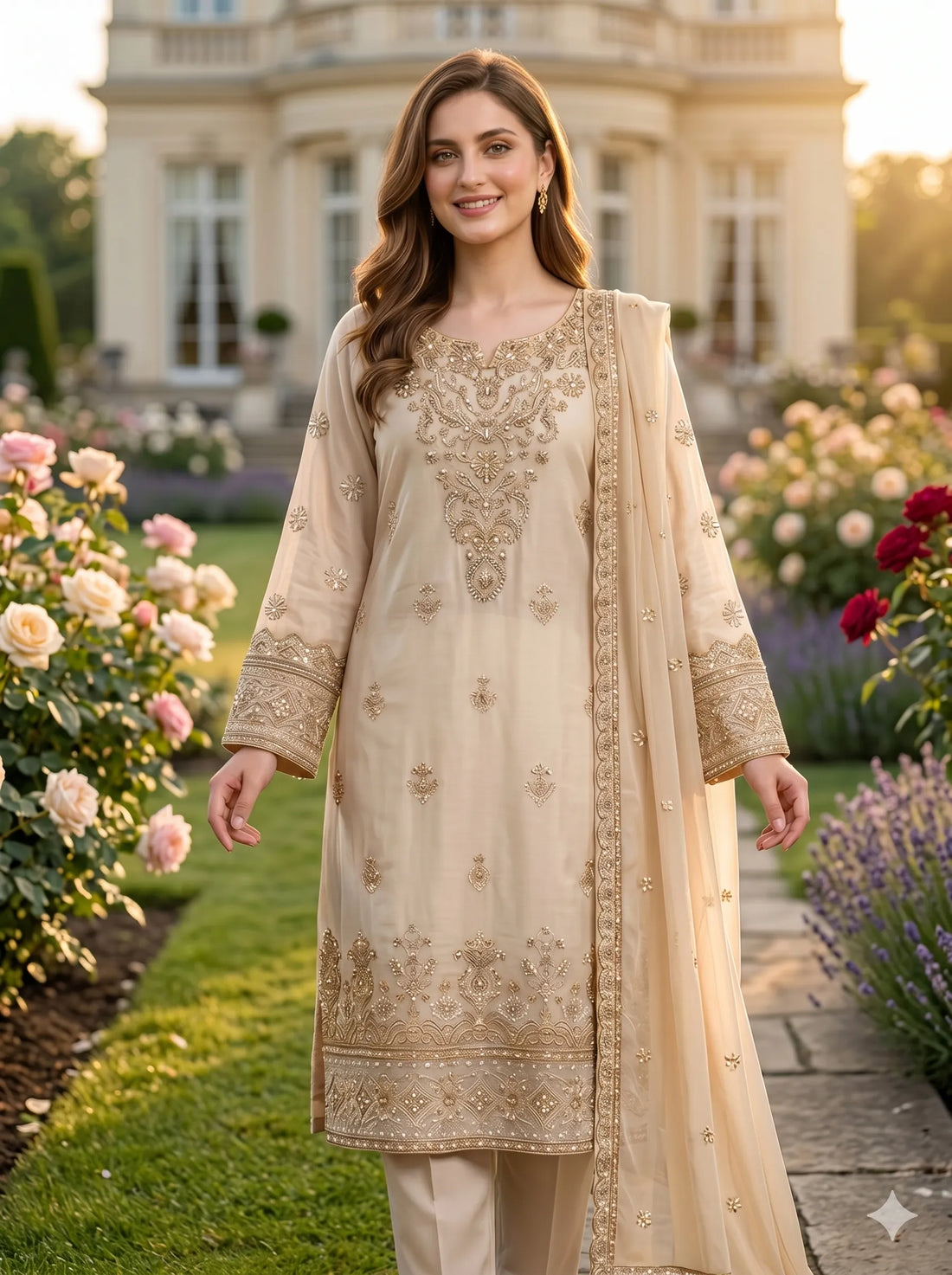 Woman in a beige embroidered outfit standing in a garden with flowers and a building in the background