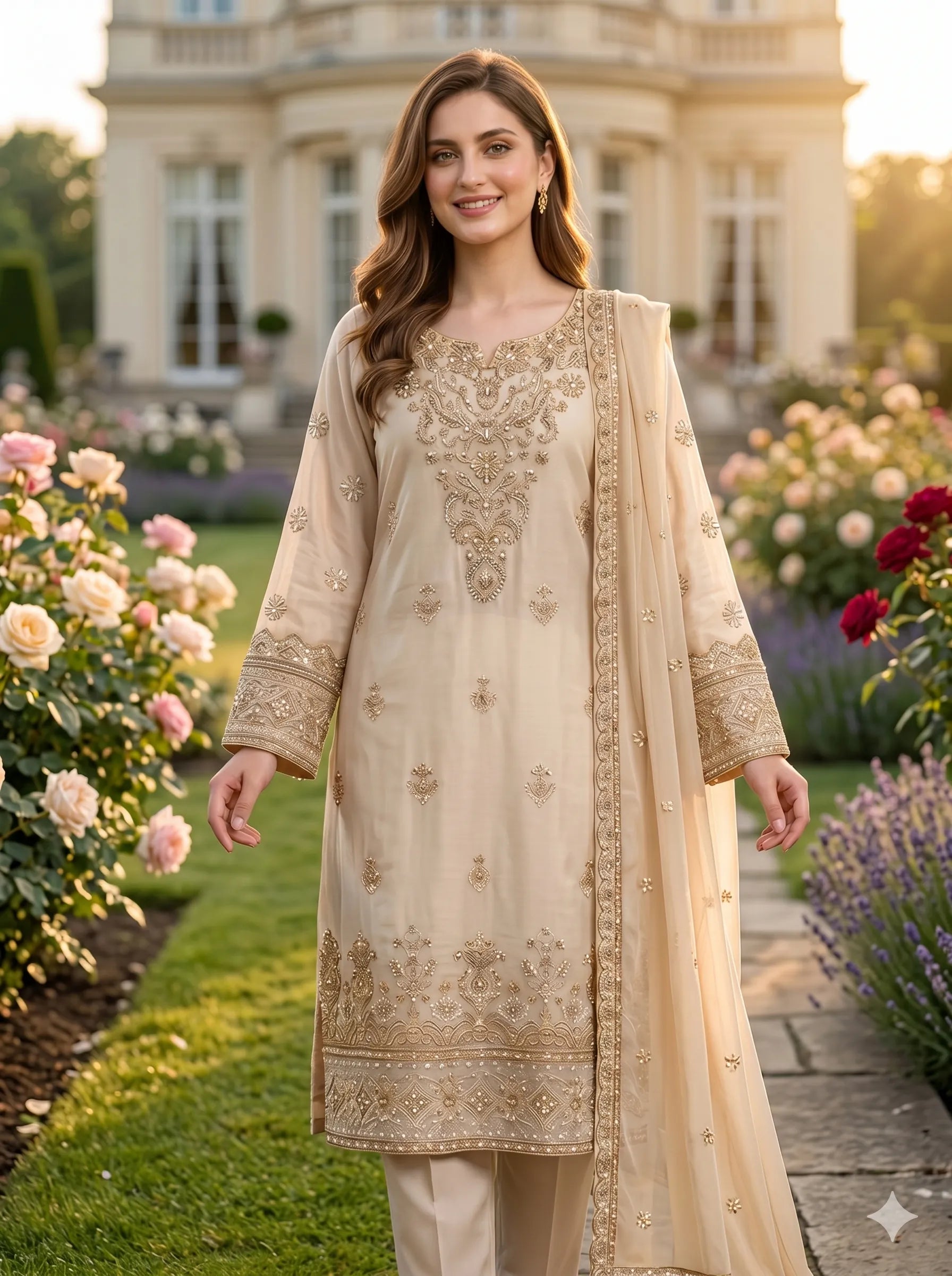 Woman in a beige embroidered outfit standing in a garden with flowers and a building in the background