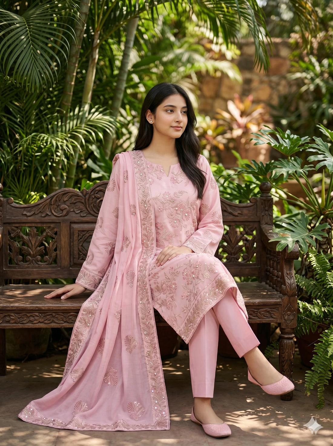 Woman in a pink traditional outfit standing outdoors with plants and a stone wall in the background
