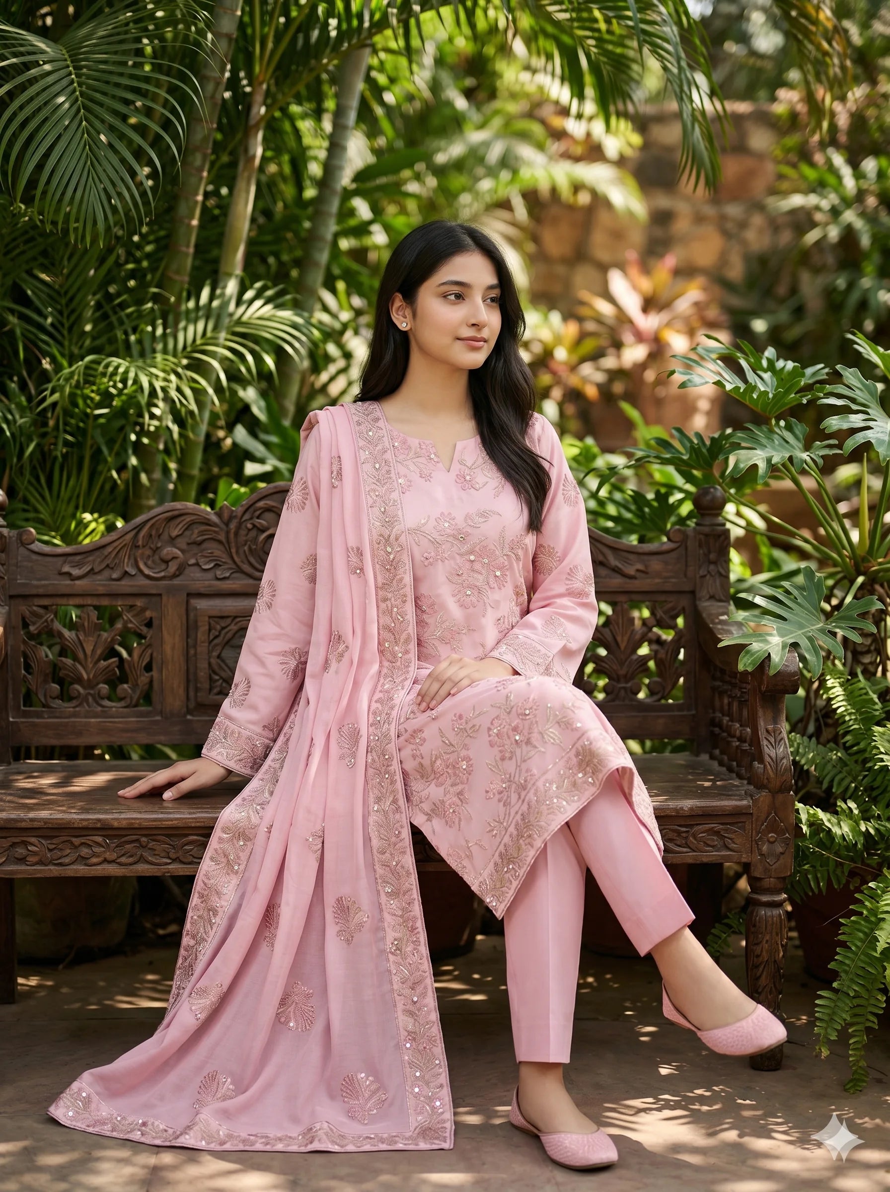Woman in a pink traditional outfit sitting on a wooden bench with greenery around.