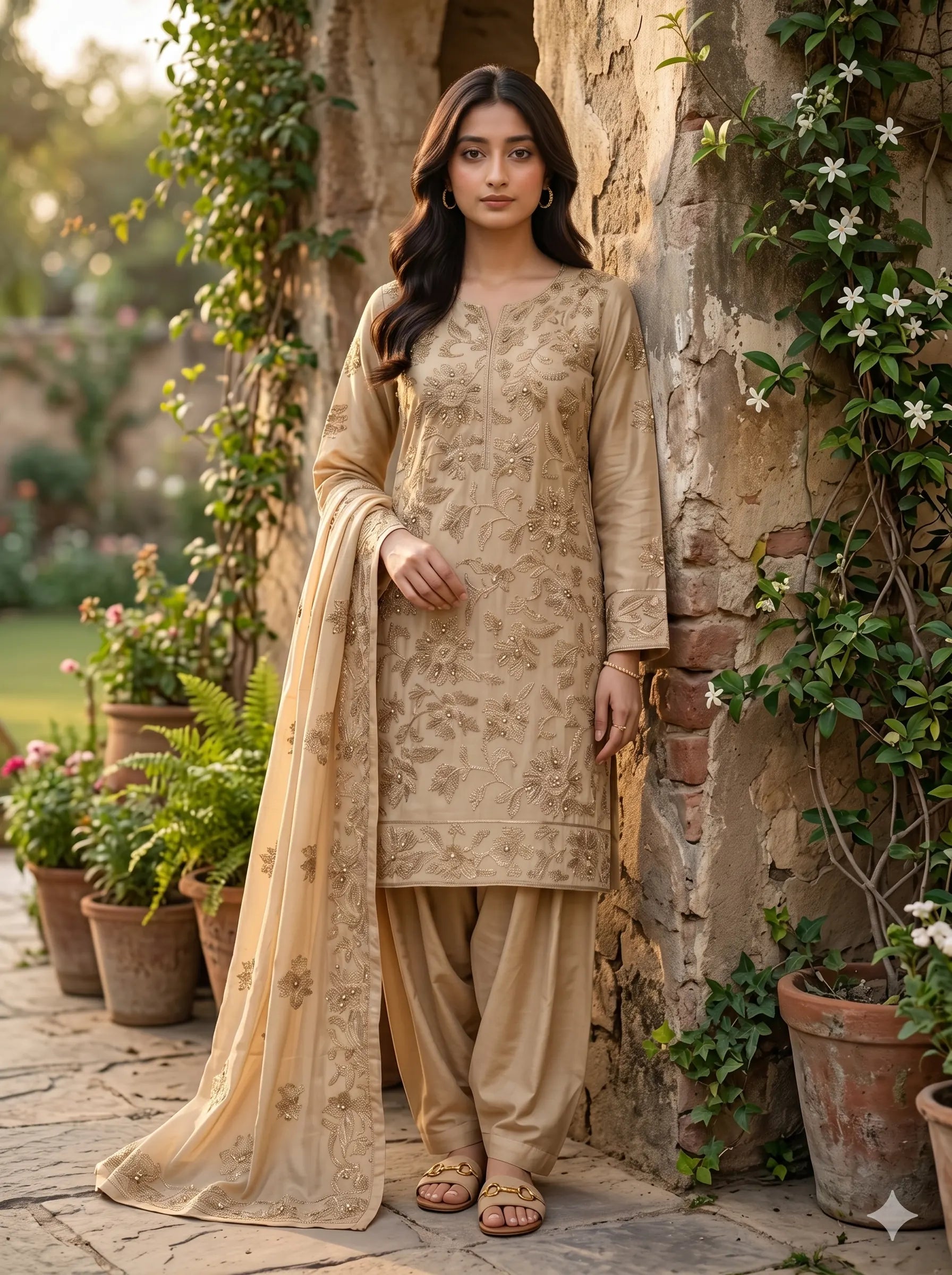 Woman in a beige traditional outfit standing in a garden with stone walls and plants.