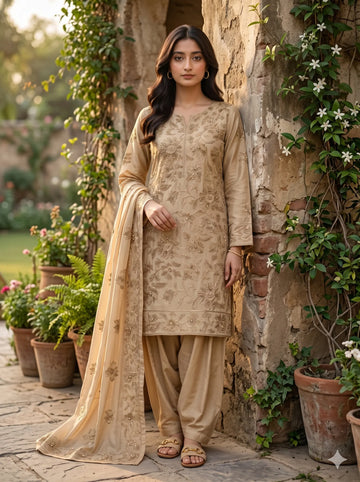 Woman in a beige traditional outfit standing in a garden with stone walls and plants.