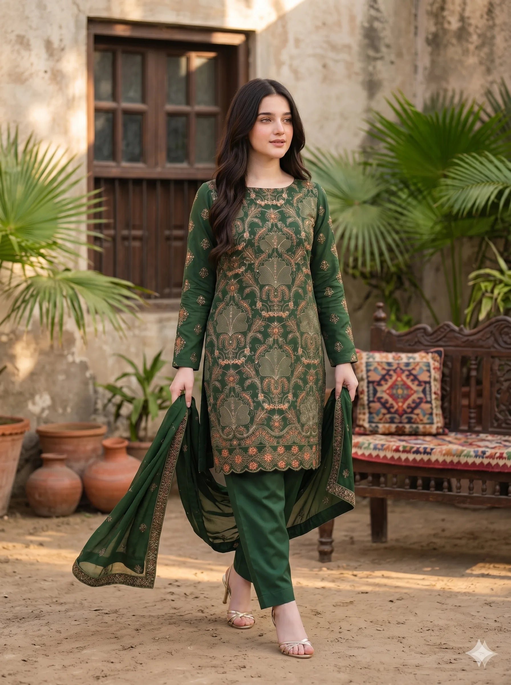 Woman in a green traditional outfit standing in an outdoor setting with plants and a wooden door.