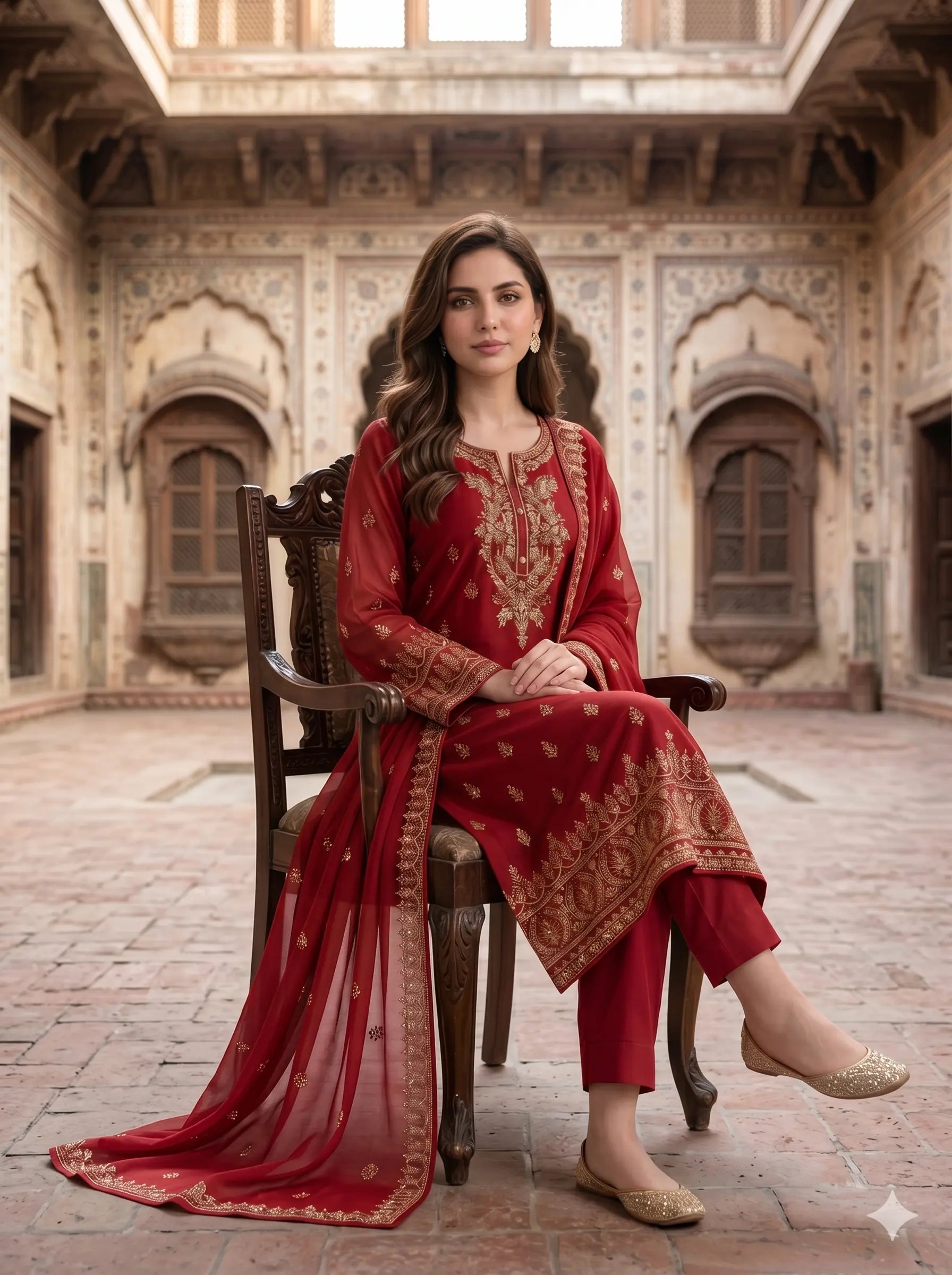 Red Gold Embroidered Lawn — 3 Piece