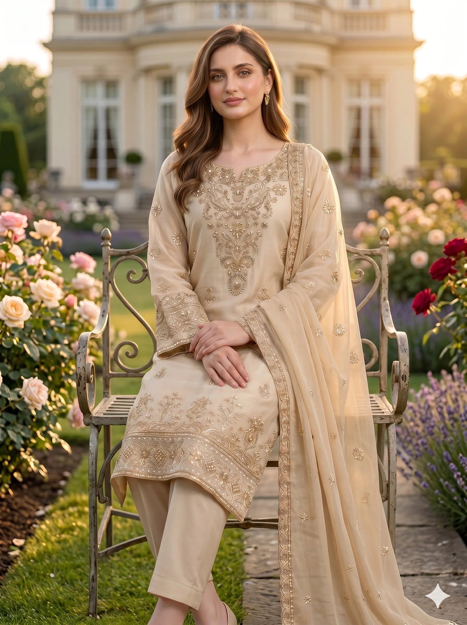 Woman in a beige embroidered outfit sitting on a bench in a garden.