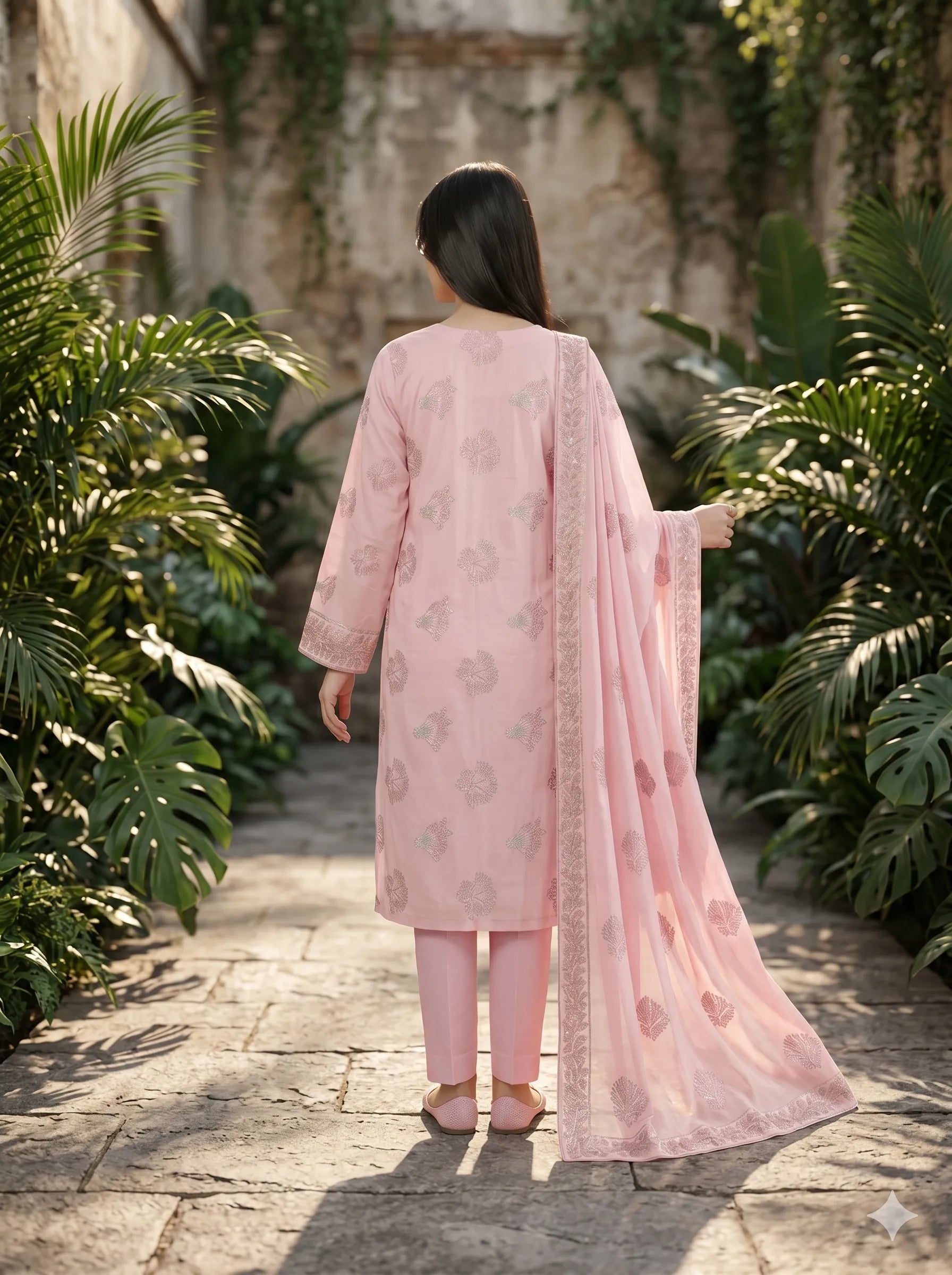 Woman in a pink traditional outfit standing in a garden with greenery.