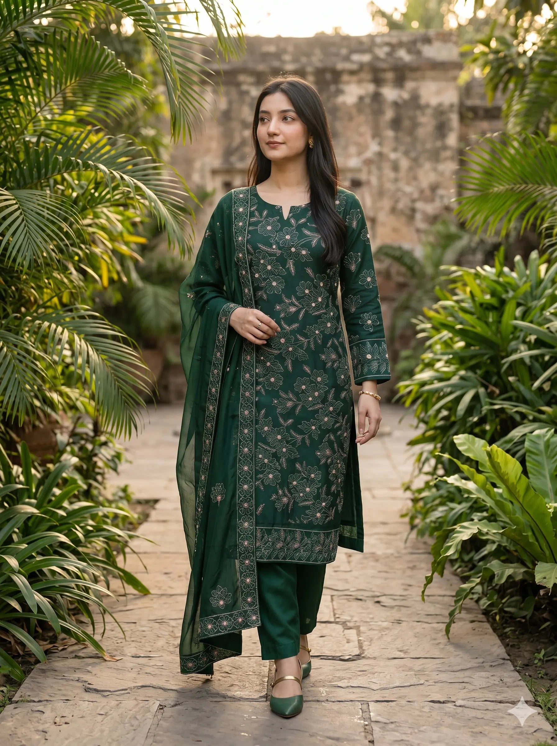 Woman in a green traditional outfit walking through a garden