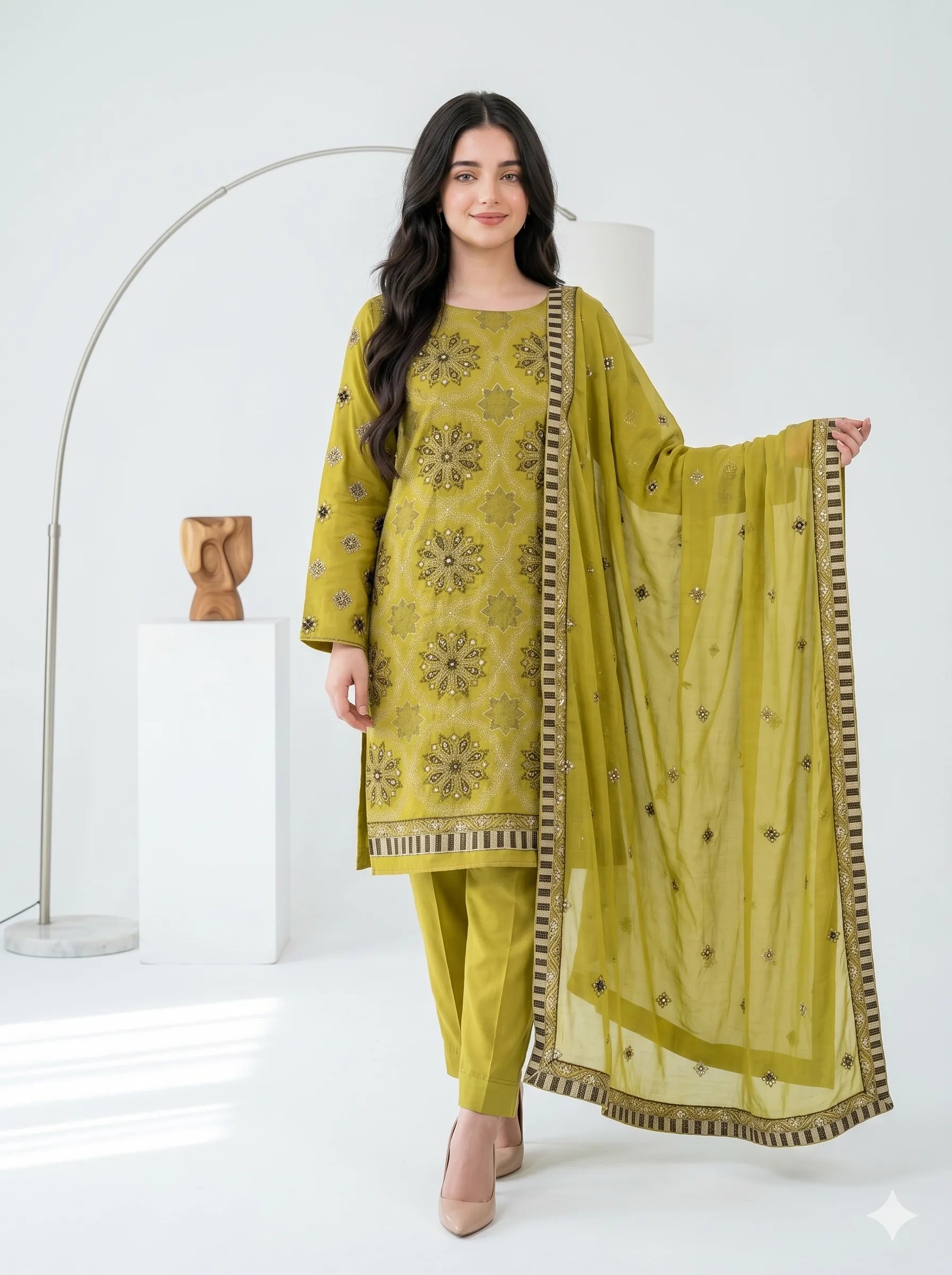 Chartreuse Yellow  Embroidered Lawn — 3 Piece