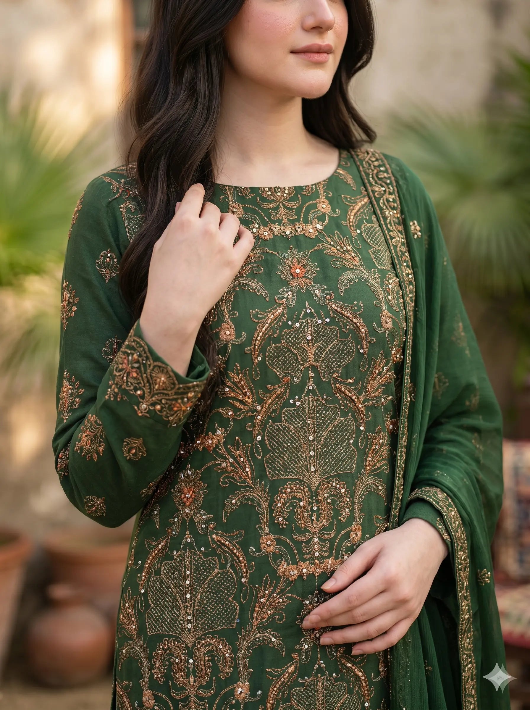 Woman wearing a green embroidered traditional outfit with a blurred outdoor background