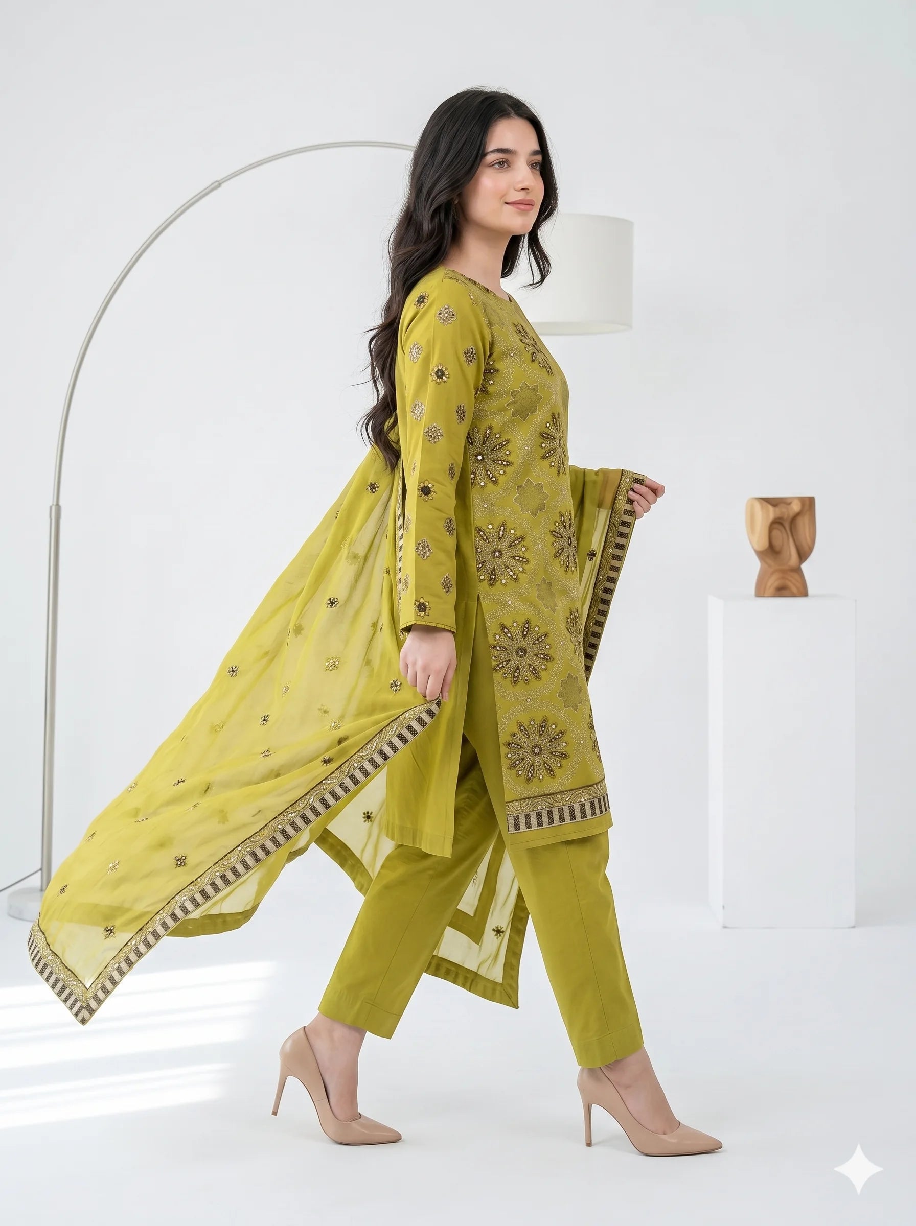 Chartreuse Yellow  Embroidered Lawn — 3 Piece