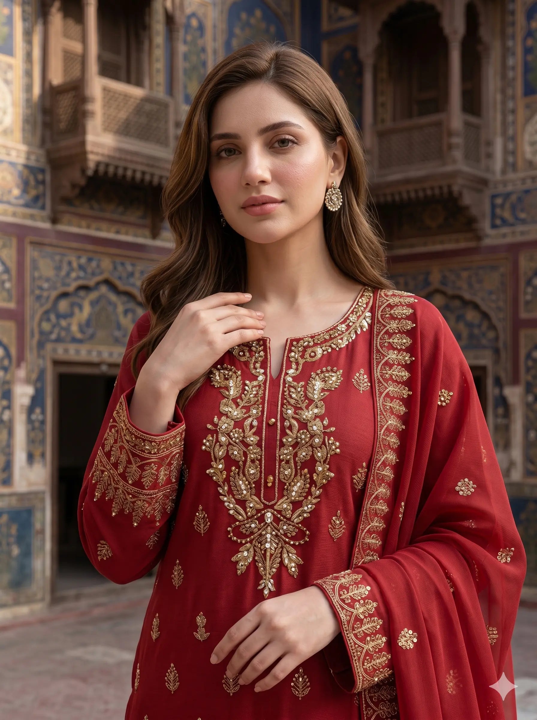 Red Gold Embroidered Lawn — 3 Piece