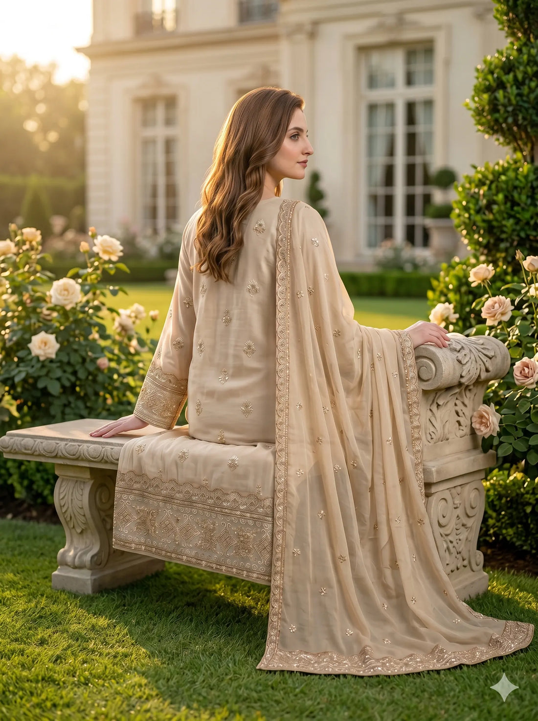 Woman in a beige embroidered outfit standing in a garden with flowers and a building in the background