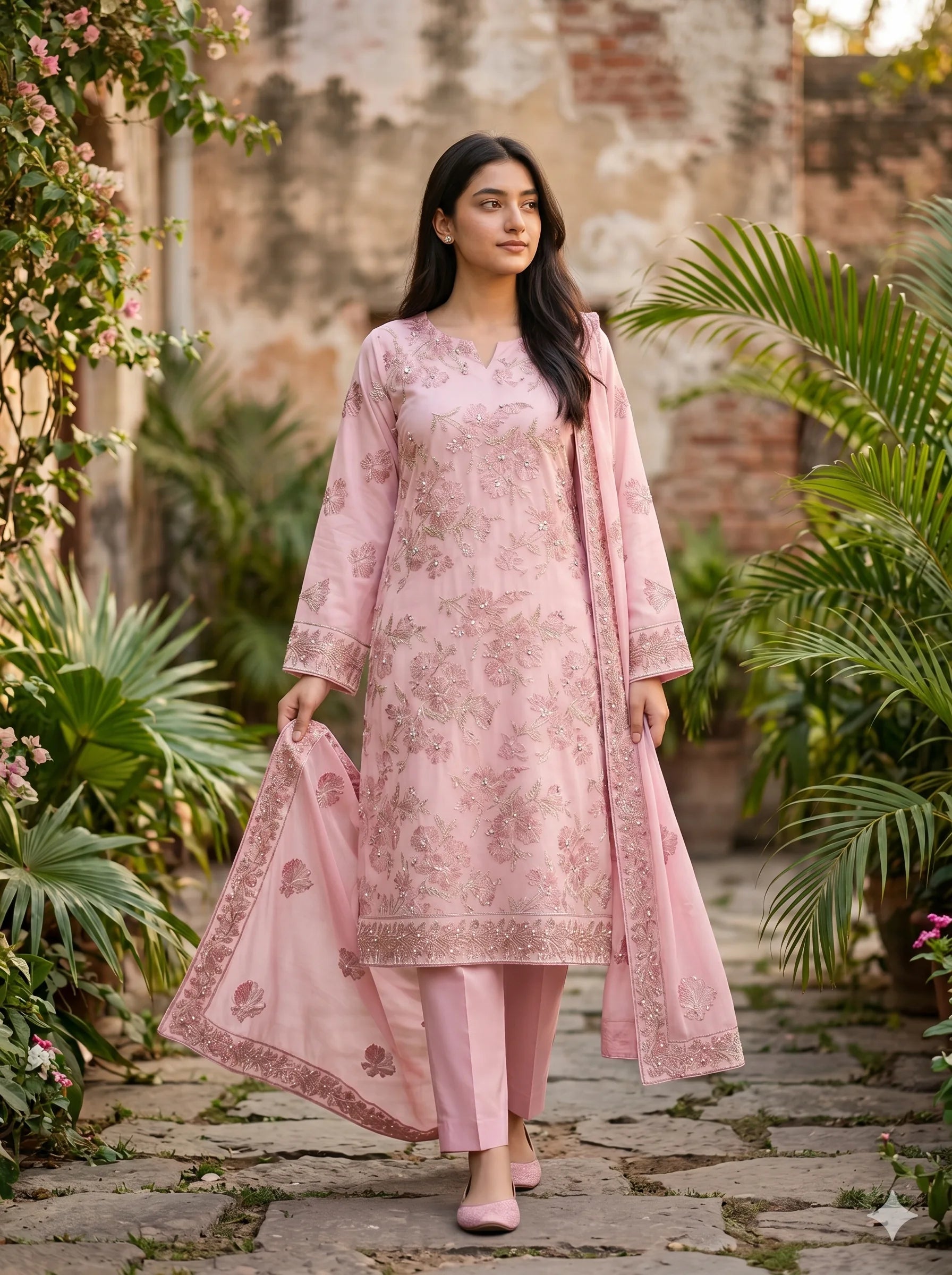 Woman in a pink traditional outfit standing in a garden with plants and a brick wall in the background.