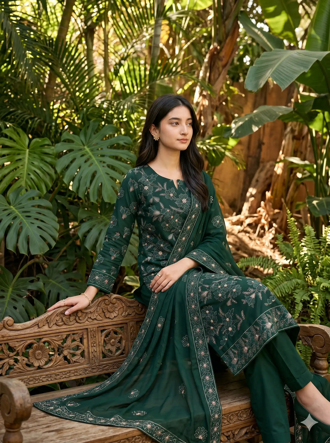 Woman in a green traditional outfit standing against a stone wall with plants.