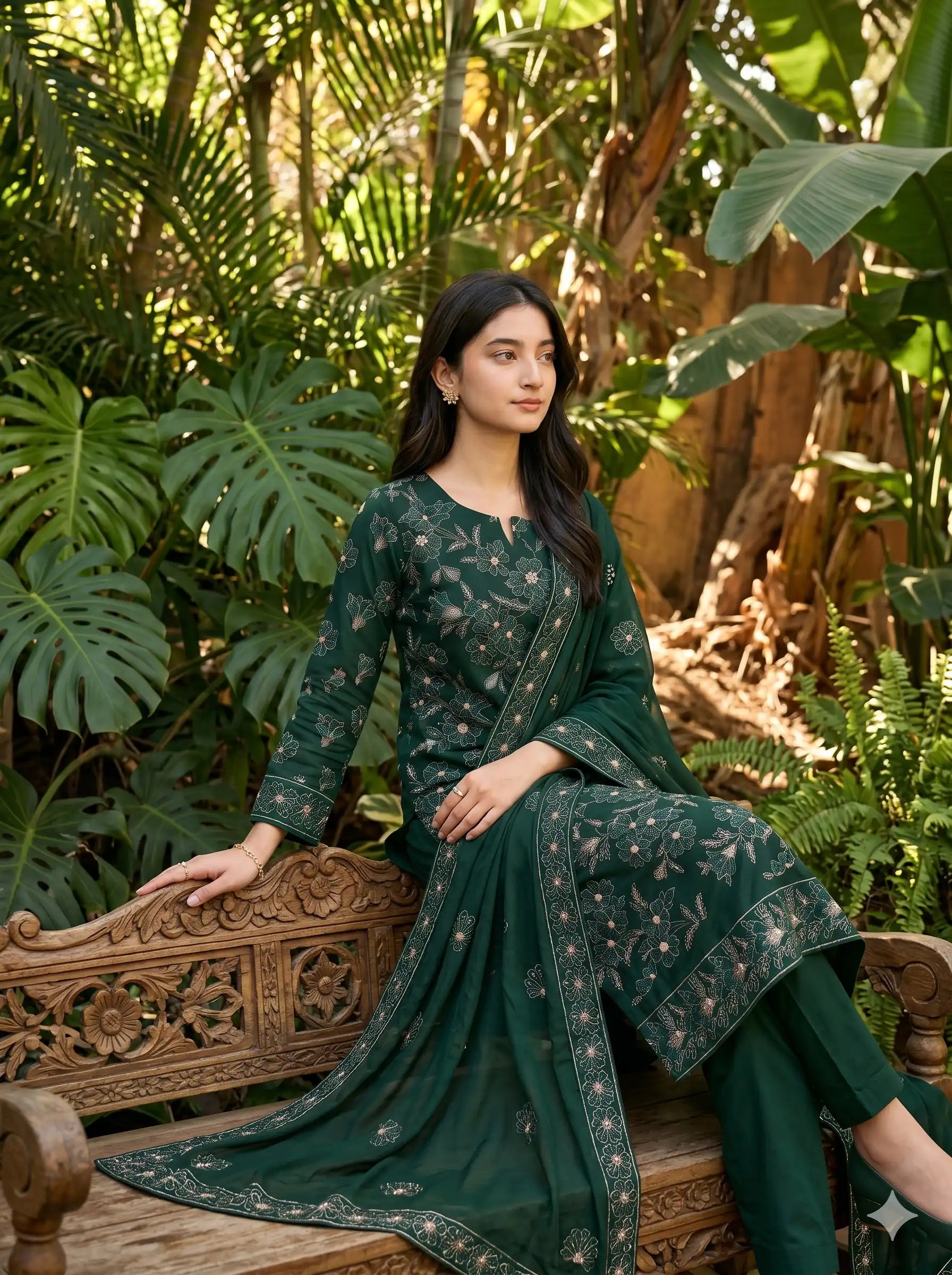 Woman in a green traditional outfit sitting on a wooden bench with a natural background