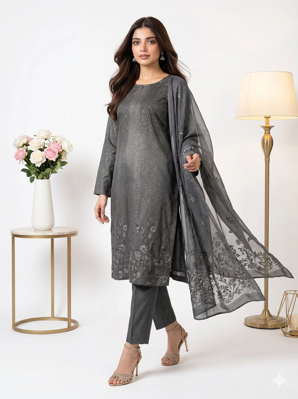 Woman wearing a gray traditional outfit with a matching dupatta in a minimalistic setting.