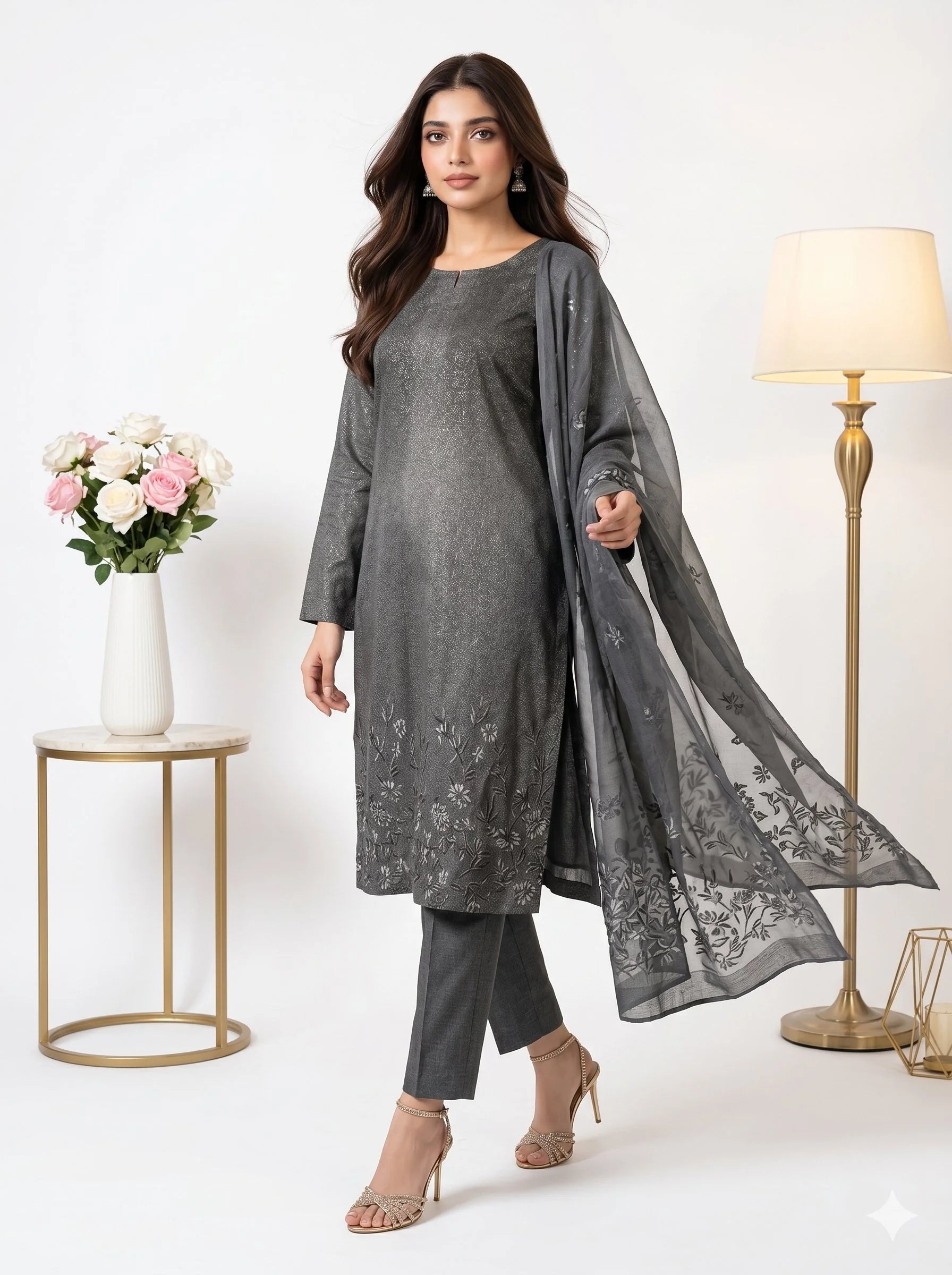 Woman wearing a gray traditional outfit with a matching dupatta in a minimalistic setting.