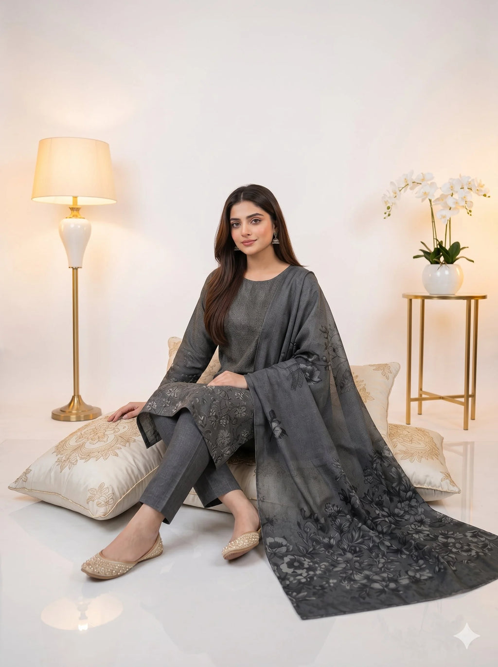 Woman in a gray outfit sitting on a couch in a well-lit room with decor elements.