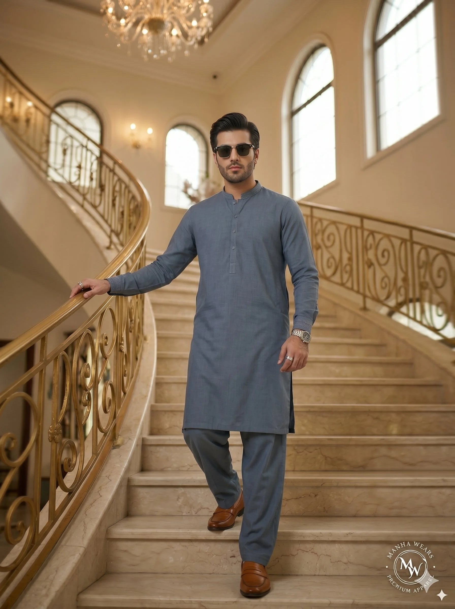 Steel blue grey wash and wear executive fabric for men by Manha Wears