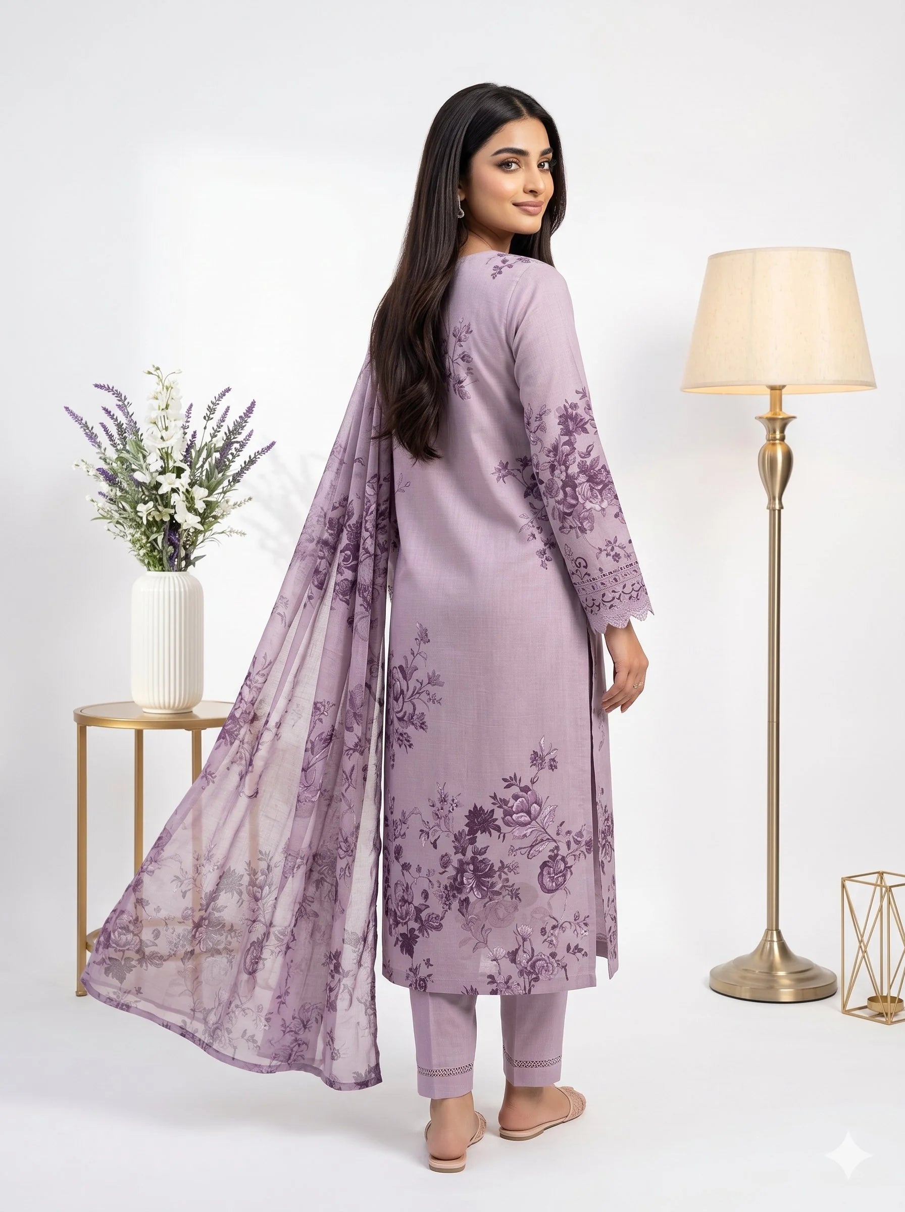 Woman wearing a lavender floral outfit with a matching dupatta on a white background