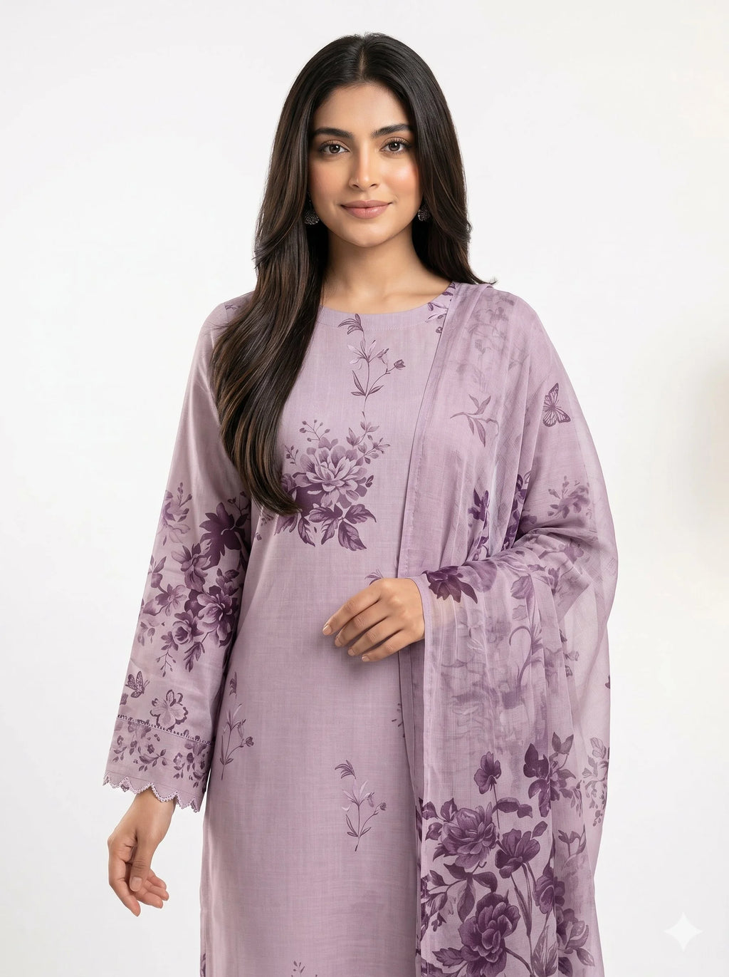 Woman wearing a light purple outfit with floral patterns on a white background