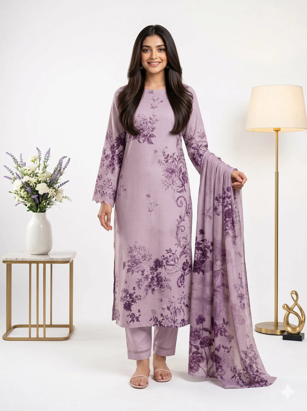 Woman wearing a purple floral outfit with a matching dupatta in a minimalistic setting.